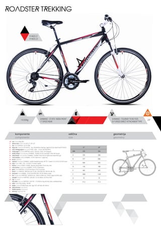 komponente
components
veličina
size
geometrija
geometry
ROADSTER TREKKING
914603-21
914603-23
14,50kg SHIMANO - TOURNEY TX RD-TX35
6/7-SPEED DIRECT ATTACHMENT TYPE
SHIMANO - ST-EF51 INDEX FRONT
/ 7 SPEED REAR
C
DB
A
F
H
G
E
28”
ram / frame / Alloy 6061
veličina rama / frame size / 28” X 21”, 28” X 23”
vila / fork / SUNTOUR - CR-7V A 700C
šoljica vile / head parts / FP-H812PL - 7pcs, 28.6/44/30mm, Bearings: Caged (5/32”x22), Steel ED with FP-HW-03
uložci srednjeg pogona / b.b. parts / THUN - GOAL - 119 mm, shell: BSA 68mm
srednji pogon /crankset / KRIPTON X LASCO - 48-38-28, 170mm, W/ chainguard
prednji menjač / front derailleur / SHIMANO - TOURNEY FD-TX51 band-type 31.8mm 48T top-pull
zadnji menjač / rear derailleur / SHIMANO - TOURNEY TX RD-TX35 6/7-speed direct attachment type
ručica menjača / shifters / SHIMANO - ST-EF51 index front / 7 speed rear
brzina / speed / 21
zupčanici / freewheel / SHIMANO - multiple freewheel sprocket MF-TZ21 7-speed 14-16-18-20-22-24-34T brown
lanac / chain / KMC - Z-50 - 1/2”x3/32” (114 links) (7 speed)
kočnica / brakes / LOGAN - JY-946AE - alloy die casting brakes, 70 mm shoe, silver
ručica kočnice / brake levers / SHIMANO - ST-EF51 V-brake levers
glave / hubs / KRIPTON X - KT-A15F front black / KT-A11R rear black
obruči / rims / KRIPTON - KRYPTON-X 622-19, 36H , EYELETING: NO, RDA: NO, GBS: YES
pneumatici / tires / RUBENA - 37-622 V 66 HOOK (700 x 35C) W/ reflector stripes
lula / handle stem / KRIPTON X - JB-A392-8- ext.: 100mm, A-HEAD, dia.: 25.4mm, angle:0~60 DEG, black
upravljač / handle bar / KRIPTON X - JB-AL200, 25.4, W: 640mm, rise 35mm, black
rog / bar ends / -
stub sedla / seat post / KRIPTON X - JB-SP-301 - 27.2x350mm long, with alloy clamp, sandblasted black
sedlo / sadle / SELLE ROYAL - RIO RVS
pedale / pedals / FP-906,PP body, steel cage, 9/16”, with balls, with reflector
zadnji amortizer / rear shock / -
dodatna oprema / accesories / -
težina kg / weight kg / 14.5
21” 23”
MM 535 584
A 535 584
B 577 646
C 604 665
D 150 180
E 445 445
F 1082 1145
G 72 72
H 71.5 71.5
 