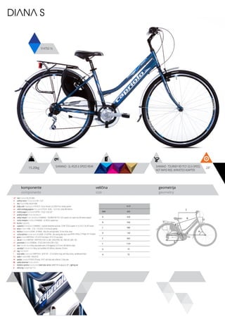 15.20kg 28”SHIMANO - SL-RS35 6 SPEED REAR SHIMANO - TOURNEY RD-TY21 GS 6-SPEED,
NOT RAPID-RISE, W/RIVETED ADAPTER
komponente
components
veličina
size
geometrija
geometry
C
D
B
A
F
H
G
E
DIANA S
914750-16
ram / frame / ALLOY 6061
veličina rama / frame size / 28” x 16.5”
vila / fork / STEEL RIGID FORK
šoljica vile / head parts / FP-H515 - 8 pcs, thread: 22.2/30/27mm, W/key washer
uložci srednjeg pogona / b.b. parts / THUN - GOAL - 122.5 mm, shell: BSA 68mm
srednji pogon /crankset / DOTEK - CTS22-132G 42T
prednji menjač / front derailleur / -
zadnji menjač / rear derailleur / SHIMANO - TOURNEY RD-TY21 GS 6-speed, not rapid-rise, W/riveted adapter
ručica menjača / shifters / SHIMANO - SL-RS35 6 speed rear
brzina / speed / 6
zupčanici / freewheel / SHIMANO - multiple freewheel sprocket, TZ MF-TZ20 6-speed 14-16-18-21-24-28T brown
lanac / chain / KMC - Z-33 - 1/2”x3/32” (114 links) (6 speed)
kočnica / brakes / LOGAN - JY-946AE - alloy die casting brakes, 70 mm shoe, silver
ručica kočnice / brake levers / LOGAN - JY-337PAE - die casting alloy lever with plastic clamp, 2.5 finger, for V-brakes
glave / hubs / KRIPTON X - KT-A15F front black / KT-A11R rear black
obruči / rims / KRIPTON - KRYPTON-X 559-19, 36H , EYELETING: NO, RDA: NO, GBS: YES
pneumatici / tires / RUBENA - 37-622 V66 FLASH (700 x 35C)
lula / handle stem / Alloy adjustable stem, 0-50 degrees, D 22.2mm, 90/180mm, black
upravljač / handle bar / Alloy city handlebar W: 600mm, diameter 25.4mm
rog / bar ends / -
stub sedla / seat post / KRIPTON X - JB-SP-301 - 27.2x250mm long, with alloy clamp, sandblasted black
sedlo / sadle / DDK - D5633-02
pedale / pedals / FP-833, PP body, 9/16”, with ball, with reflector, 2-face axle
zadnji amortizer / rear shock / -
dodatna oprema / accesories / steel tube carrier, MARCON mudguards 28” , Lighting set
težina kg / weight kg / 15.2
16.5”
MM 420
A 420
B 556
C 580
D 150
E 465
F 1101
G 73
H 70
 