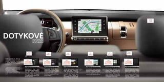 DOTYKOVÉ 
Dotykový displej ”, který je 
standardně k dispozici na všech 
verzích, umožňuje pomocí 
tlačítek jednoduše ovládat 
veškeré funkce* vozu CITROËN 
C4 CACTUS. 
* Výbava uvedená v tomto katalogu je 
součástí standardní výbavy vozu nebo 
je k dispozici za příplatek, popř. není 
v závislosti na verzi dostupná. 
** Vyžaduje kompatibilní telefon. 
*** Kompatibilní s produkty značky 
Apple. 
INTUITIVNÍ 
ROZHRANÍ 
KLIMATIZACE. Nad rámec 
automatického režimu klimatizace, 
jenž Vám umožní nastavení 
optimální teploty v interiéru 
vozu, jsou Vám k dispozici 
individualizované režimy: Soft, 
Normal nebo Fast. 
PODPŮRNÉ PRVKY ŘÍZENÍ. 
Získejte snadný přístup k zpětné 
parkovací kameře, k ovládání 
systému Park Assist, programo-vatelnému 
tempomatu a ome-zovači 
rychlosti... 
MÉDIA. Vyberte si jeden zmnoha 
zdrojů audio: rádio, „streaming“ 
audio Bluetooth®**, přístroje 
umožňující připojení přes USB 
konektor nebo zásuvku typu 
Jack***, hudba uložená na 
pevnémdiskuvozuokapacitě8GB, 
nebo si prohlížejte Vaše fotograe. 
NAVIGACE. Krom možnosti 
samotné navigacemůžete využít i 
zobrazení omezení rychlosti, 
informace o dopravní situaci a 
možnost volby nejúspornější trasy. 
TELEFON.Telefonujte bezpečně 
pomocí hands free sady s využitím 
technologie Bluetooth®**. Doty-kové 
ovládání usnadní přijímání 
hovorů a přístup do telefonního 
seznamu. Seznam si můžete 
uzpůsobit na míru přidáním foto-gra 
í Vašich kontaktů. 
14F1 
DÉTAIL 5 
NASTAVENÍ PARAMETRŮ. 
Využijte možnosti nahlédnout 
především do interaktivního ná-vodu 
k obsluze, který je k dispo-zici 
při zastavení. Pomůže Vám 
objevit CITROËN C4 CACTUS 
a zodpovědět Vaše otázky. 
14F48 
115% 
14F1 
À DÉTOURER 
ET INTÉGRER 
DANS LE FOND 
14F 
À DÉTOURER 
ET INTÉGRER 
DANS LE FOND 
14F5 
À DÉTOURER 
ET INTÉGRER 
DANS LE FOND 
14F8 
À DÉTOURER 
ET INTÉGRER 
DANS LE FOND 
14F11 
À DÉTOURER 
ET INTÉGRER 
DANS LE FOND 
14F1 
DÉTAIL 1 
14F1 
DÉTAIL 2 
14F1 
DÉTAIL 3 
14F1 
DÉTAIL 4 
14F9 
À DÉTOURER 
ET INTÉGRER 
DANS LE FOND 
14F1 
DÉTAIL 6 
 