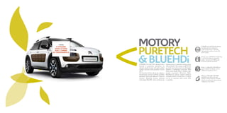 Motor 1.6 BlueHDi 100 MAN 
předběhl svou dobu a již nyní 
splňuje nařízení budoucí evropské 
emisní normy Euro 6, která vstoupí 
v platnost v roce 2015. 
14F68 
À INTÉGRER 
DANS LE FOND 
AVEC L’OMBRE 
EN TRANSPARENCE 
MOTORY 
PURETECH 
&BLUEHDi CITROËN C4 CACTUS odpovídá kon-krétním 
a pozitivním způsobem na 
aktuální otázky dneška: Jak zvýšit požitek 
z jízdy a zároveň snížit spotřebu a emise 
CO2? 
Pro dosažení těchto cílů je vůz vybaven 
benzinovými motory PureTech poslední 
generace, které jsou výkonné i úsporné 
zároveň. Dieselové motory využívají 
technologii BlueHDi, která představuje 
výrazný posun v otázkách ochrany život-ního 
prostředí. Filtr zadrží a spálí 99,9% 
pevných částic přítomných ve výfukových 
plynech a katalyzátor eliminuje 90% 
emisí oxidů dusíku (NOx). Většina nabí-zených 
motorizací (PureTech S&S, 
BlueHDi) již splňuje nařízení budoucí 
evropské emisní normy Euro 6, která 
má za cíl razantně snížit emise NOx 
a spotřebu. 
CITROËN C4 CACTUS kombinuje 
poslední generaci motorů se 
snížením hmotnosti. Výsledek: 
nižší spotřeba paliva a emise CO2 
od 8 g/km. 
Motory vozu CITROËN C4 CACTUS 
se vyznačují střídmou spotřebou 
paliva – již od ,4 l/100 km při 
zachování jízdního komfortu. 
Motor 1.6 BlueHDi 100 MAN se 
pyšní vynikajícími výkony: z 0 na 
100 km/h zrychlí za 10, s. 
 