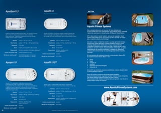 AquaSport 13                                                                 Aquafit 16
        AquaticFitnessSystems                                                        AquaticFitnessSystems




                                                                                                                                                                                                                                                                ©Leaderspa
                                                                                                                                                                               Aquatic Fitness Systems
                                                                                                                                                                               Siła przedsiębiorstwa oparta jest na ponad 35-letnim doświadczeniu
                                                                                                                                                                               w branży wanien spa. Firma Dimension One Spas przekazała wiedzę, innowacje
        Najnowszy model w kolekcji basenów AFS – ma mniejsze wymiary,                Aquafit 16 to jeden z mniejszych modeli z kolekcji basenów AFS,                           i dążenie do doskonałości do Działu Rozwoju AFS (Aquatic Fitness System).
        ale w niczym nie ustępuje parametrami i funkcjonalnością.                    dzięki czemu jego instalacja jest wyjątkowo prosta. Wyposażony
        Wręcz przeciwnie – optymalnie wyposażony basen do różnego                    we wszelkie akcesoria umożliwiające uprawianie gimnastyki wodnej.                         AFS to Twoje centrum ćwiczeń wodnych, w niczym nie ustępujące siłowni.
        rodzaju ćwiczeń i zabaw w wodzie.                                                                                                                                      Jedyna różnica polega na tym, że nie musisz już płacić za wstęp, ani ocierać
                                                                                                                                                                               potu z urządzeń po zakończonym treningu!
                     Wymiary      234 cm x 397 cm x 132 cm                                       Wymiary        229 cm x 488 cm x 132 cm




                                                                                                                                                                                                                                                                ©Leaderspa
                                                                                                                                                                               Ćwiczenia w wodzie to znakomity sposób na poprawę i utrzymanie kondycji.
                 Masa basenu      pustego 1 091 kg, 6 200 kg napełnionego                    Masa basenu        pustego 1 135 kg, napełnionego 7 760 kg
                                                                                                                                                                               Sposób wolny od wad właściwych treningom w siłowni. Trening w wodzie
                   Pojemność      5110 litrów                                                   Pojemność       6 440 litrów                                                   zapobiega dolegliwościom stawów oraz zmniejsza ryzyko problemów
                                                                                                                                                                               z więzadłami, ponieważ pozorna utrata masy ciała w wodzie wynosi do 90%!
                        Dysze     4 dysze przeciwprądu (6 dysz w opcji)                             Dysze       25 dysz VCR®                                                   Dodatkowo, ćwiczenia w wodzie, w przeciwieństwie do treningów „na sucho”,
                                                                                                                                                                               zapewniają opór we wszystkich kierunkach, co zwiększa ich skuteczność
                 Wyposażenie      M•Drive, oświetlenie LED, zestaw HydroSport™               Wyposażenie        M•Drive, oświetlenie LED,
                                                                                                                zestaw HydroSport™                                             o połowę, jednocześnie chroniąc nas przed przegrzaniem w trakcie wysiłku
      System utrzymania wody      ozonator UltraPure w opcji
                                                   ®                                                                                                                           fizycznego.
                                                                                  System utrzymania wody        ozonator
     Miesięczne zużycie prądu*    375,9 kWh (AquaSport 13, 2 pompy)                                                                                                            W przeciwieństwie do tradycyjnych basenów z przeciwprądem, baseny AFS




                                                                                                                                                                                                                                                                ©Piscines et Bains Méry
                                  390,4 kWh (AquaSport 13, 3 pompy)              Miesięczne zużycie prądu*      353,3 kWh
                                                                                                                                                                               to prawdziwa ścieżka zdrowia. Można w nich:

                                                                                                                                                                               •	   pływać
                                                                                                                                                                               •	   biegać
        Aquapro 19                                                                   Aquafit 19 DT                                                                             •	   rozciągać się
                                                                                                                                                                               •	   wiosłować
        AquaticFitnessSystems                                                        AquaticFitnessSystems                                                                     •	   wykonywać ćwiczenia treningowe
                                                                                                                                                                               •	   relaksować się

                                                                                                                                                                               Baseny AFS dają możliwość uprawiania kardiofitnessu i ćwiczeń siłowych mięśni
                                                                                                                                                                               za pomocą jednego urządzenia.

                                                                                                                                                                               Basen AFS to dobre rozwiązanie dla potrzebujących rehabilitacji,
                                                                                                                                                                               jak również dla sportowców, pragnących uprawiać kolarstwo wodne i/lub aerobic.
                                                                                                                                                                               Jest również świetnym miejscem spotkań dla rodzin z dziećmi.
                                                                                                                                                                               Niewyczerpane źródło młodości we własnym domu lub ogrodzie - czyż nie jest to




                                                                                                                                                                                                                                                                ©Spatec
                                                                                                                                                                               idealne miejsce również dla seniorów?
        Aquapro 19 to największy i najbardziej zaawansowany
        technologicznie model pośród basenów przystosowanych                         Aquafit 19DT to subtelne połączenie fitnessu i hydroterapii.
        do uprawiania fitnessu wodnego. Jest on wyposażony w najdłuższy              Daje możliwość ćwiczeń w części basenowej i relaksu w części spa.
        i najgłębszy basen do pływania i wykonywania ćwiczeń. Część
        relaksująca jest wyposażona w leżankę UltraLounge®, co podkreśla                         Wymiary        229 cm x 579 cm x 132 cm
                                                                                                                                                                                                                www.AquaticFitnessSystems.com
        wyjątkowość tego modelu.
                                                                                             Masa basenu        pustego 1 590 kg, napełnionego 8 200 kg
                     Wymiary      229 cm x 579 cm x 157 cm
                                                                                                Pojemność       6 550 litrów
                 Masa basenu      pustego 1 680 kg, napełnionego 10 800 kg
                                                                                                    Dysze       23 dysze VCR®
                   Pojemność      9 085 litrów
                                                                                             Wyposażenie        M•Drive, oświetlenie LED, 2 podgrzewacze,
                        Dysze     22 dysze VCR®                                                                 zestaw HydroSport™

                 Wyposażenie      M•Drive, oświetlenie LED,                       System utrzymania wody        ozonator
                                  zestaw HydroSport™
                                                                                 Miesięczne zużycie prądu*      485,6 kWh
      System utrzymania wody      ozonator

     Miesięczne zużycie prądu*    404,9 kWh

40                                                                                                  *Średnia temp. na zewnątrz 16°C, temp. wody w wannie ustawiona na 37,5°C
 