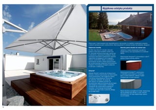 Wyjątkowa estetyka produktu




                                                                                                                     © Leaderspa
                   Wanna spa z hydromasażem jest zaprojektowana w taki sposób, by spełniać oczekiwania związane
                   z dobrym samopoczuciem użytkowników. Niemniej jednak D1 pracuje również nad estetyką i designem.
                   Opływowe kształty                                 Szeroka gama obudów do wanien spa
                   W 2002 roku firma D1 nie tylko odrzuciła          Jesteśmy w stanie dopasować zewnętrzny
                   szablony dotyczące kształtów wanien spa.          wygląd wanny oraz wyposażenie do oczekiwań
                   D1 dokonała rewolucji proponując wannę spa        klienta.
                   o naturalnych, opływowych kształtach. Nowa
                   koncepcja odpowiada oczekiwaniom klientów         Wykończenie Terracina™ („pochodzące z ziemi”)
                   najbardziej wymagających pod względem             pięknie imituje strukturę drewna.
                   luksusu i wzornictwa. Żaden z pozostałych
                   producentów nie jest w stanie zaproponować
                   tak wyrafinowanego połączenia funkcjonalności
                   i elegancji. Rozwiązanie dostępne wyłącznie
                   w wannach z kolekcji Bay.


                   UltraLife®
                                                                     Wykończenie Envirotect™, wykonywane
                   Materiał UltraLife® odróżnia się od klasycznych   z materiałów pochodzących z recyklingu,
                   tworzyw, z których wykonywane są niecki wanien
                                                                     łączy w sobie solidność i ciekawy wygląd.
                   innych producentów. Jest wyjątkowo solidny
                                                                     Dostępne jest w trzech kolorach.
                   i ma fakturę antypoślizgową. Wytrzymały
                   na uderzenia, ścieranie, nie rysuje się.
                   Jest odporny na działanie promieni UV
                   (nie absorbuje ciepła pochodzenia słonecznego).
                   Jest dostępny w kolorze białym. Doskonałe
                   rozwiązanie dla użytkowników pragnących
                   korzystać z chromoterapii (koloroterapii)
                   w wannie spa, gdyż kolory cudownie odbijają
                   się od białej niecki.                             Nasze obudowy są wyjątkowo trwałe, dopasowują
                                                                     się do każdego typu klimatu, a czas i warunki
                                                                     atmosferyczne nie mają negatywnego wpływu
                                                                     na ich trwałość.
     © Leaderspa




14
 