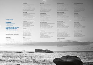 INTERNATIONAL SERVICES
GERMANY
Schiesser AG
Schützenstrasse 18
D-78315 Radolfzell
Phone: +49 (0) 77 32 / 90 24 37
Fax: +49 (0) 77 32 / 90 61 11
export@schiesser.com
AUSTRIA
Schiesser Gesellschaft mbH
Unterperfuss 10 b
A-6178 Unterperfuss
Phone: +43 (0) 52 32 / 2 06 16
Fax: +43 (0) 52 32 / 2 06 16 32
schiesser.at@schiesser.com
BELGIUM
S.A. Schiesser International N.V.
Nijverheidslaan 2
B-1853 Strombeek-Bever
Phone: +32 (0) 2 / 2 63 01 70
Fax: +32 (0) 2 / 2 63 01 89
schiesser.be@schiesser.com
FINLAND
Krizia Oy Helena Hagman
Lönnrotinkatu 43 b M2
SF-00180 Helsinki
Phone: +358 (0) 9 642 589
krizia@kolumbus.fi
GREECE
H. Antonopoulos & Co
219 Himittou Ave.,
GR-11632 Athens
Tel. +30210 7012843
Fax +30210 7521477
office@antongroup.gr
ITALY
Schiesser Italia S.R.L.
Via Calzolara 2
I-40053 Bazzano (Bo)
Phone: +39 0 51 / 83 39 54
Fax: +39 0 51 / 83 39 53
schiesser.it@schiesser.com
IRELAND
Schiesser Ireland Trading Ltd.
754 Sarto Park
Sutton
IE-Dublin 13
Phone: +353 (0) 1 / 8 32 68 77
Fax: +353 (0) 1 / 8 32 68 77
schiesserirl@eircom.net
LUXEMBURG
Alexandra Hellwig
12, Rue Gabriel Lippmann
L-5365 Munsbach
Phone: +352 / 26 35 53 53
Fax: +352 / 26 35 53 54
a.hellwig@schiesser.com
NETHERLANDS
Schiesser International Nederland BV
Valutaboulevard 20
NL-3825 BT Amersfoort
Phone: +31 (0) 33 / 4 96 86 00
Fax: +31 (0) 33 / 4 96 86 09
verkoop.nl@schiesser.com
PORTUGAL
Resumo de cores unipessoal, Lda.
Rua José Afonso, 7 - 2° Esq°
Laranjeiro
P-2810-237 Almada
Phone: +351 (0) 9 67 05 35 57
msantos.tex@gmail.com
SCANDINAVIA
Schiesser International A/S
Havnegade 23, st
DK-7100 Vejle
Phone: +45 (0) 75 / 82 35 70
Fax: +45 (0) 75 / 82 35 73
scandinavia@schiesser.com
SWITZERLAND
Schiesser Schweiz AG
Hafenstrasse 6
CH-8280 Kreuzlingen
Phone: +41 (0) 71 / 6 77 08 60
Fax: +41 (0) 71 / 6 77 08 61
schiesser.ch@schiesser.com
SHOWROOM:
TMC Fashion Square
Showroom 154
Talackerstrasse 17
CH-8152 Glattbrugg
Phone: +41 (0) 44 / 8 29 23 96
Fax: +41 (0) 44 / 8 29 24 19
USA
Schiesser Marketing, Inc.
1807 Murry Road SW Unit H
USA-Roanoke, VA 24018
Phone: +1 (0) 5 40 / 3 43 93 26
Fax: +1 (0) 5 40 / 3 43 93 29
becher@schiessermarketing.com
CZECH REPUBLIC
PLEAS a.s.
David Burian
Havírˇská 144
CZ-581 27 Havlícˇku˚v Brod
Phone: +420 / 602 451 881
Fax: +420 / 569 463 600
pleas@pleas.cz
SLOVAK REPUBLIC
PLEAS a.s.
David Burian
Havírˇská 144
CZ-581 27 Havlícˇku˚v Brod
Phone: +420 / 602 451 881
Fax: +420 / 569 463 600
pleas@pleas.cz
POLAND
Delta Polska
ul. Kanarkowa 8
PL 02-818 Warszawa
Phone: +48 (0) 22 / 4 65 52 41
Fax: +48 (0) 22 / 4 65 52 06
deltapolska@deltapolska.pl
SLOVENIA
IPKOTEX d.o.o.
Koseška cesta 8
SLO-1000 Ljubljana
Phone: +386 (0) 1 / 4 36 46 17
Fax: +386 (0) 1 / 4 36 46 19
info@ipkotex.si
BALKAN STATES
Avida d.o.o.
Celovska cesta 172
SLO-1000 Ljubljana
Phone: +386 (0) 1 23 22 137
damjan.skitek@avida.si
contacts
GERMANY
KUNDENSERVICE
RADOLFZELL
PHONE: 07732/90-2111
FAX: 07732/90-6111
order@schiesser.com
 