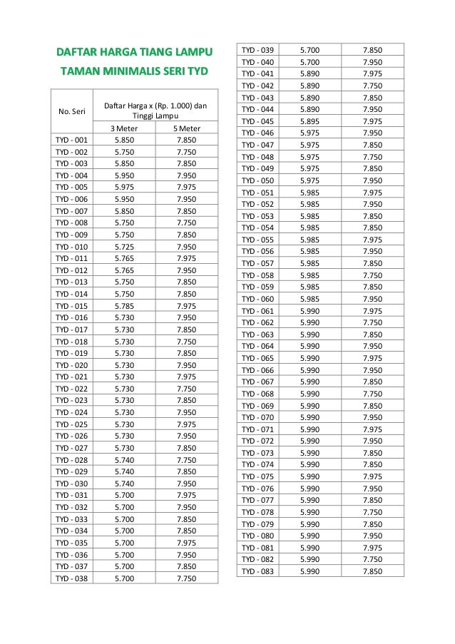  DAFTAR  HARGA  TIANG LAMPU  TAMAN MINIMALIS MODERN TIPE TYD