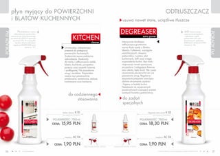 płyn myjący do POWIERZCHNI                                                                                                                                                       ODTŁUSZCZACZ
            i BLATóW KUCHENNYCH                                                                                                      usuwa nawet stare, uciążliwe tłuszcze

                     Po dokładnym umyciu
                                                                                                                                   DEGREASER                                                                                 Jeśli chcesz usunąć
PORADY FM




                                                                                                                                                                                                                                                       PORADY FM
                zabrudzonych powierzchni,                                                                                                                                                                                    uporczywe przypalenia
            wytrzyj je do sucha korzystając
            ze ściereczki DELICAT (sprawdź
               na stronie 52). W przypadku
                                                                         KITCHEN                                                    Intensywnie działający
                                                                                                                                                            extra power                                                      i odymienia z grilli,
                                                                                                                                                                                                                             piekarników lub szyb
                                                                                                                                                                                                                             kominkowych, polecamy
                  bardzo silnych zabrudzeń                                                        cleaner                                                                                                                    FIREPLACE GLASS & OVEN
               sięgnij po DEGREASER extra                                                                                           odtłuszczacz gruntownie                                                                  cleaner (s. 24).
                               power (s. 37).               Uniwersalny, niskopieniący                                              usuwa tłuste osady z blatów,
                                                            preparat do pielęgnacji                                                 zlewów, frytkownic, wyciągów
                                                            powierzchni kuchennych.                                                 wentylacyjnych, okapów,
                                                            Znakomicie usuwa codzienne                                              piekarników, rusztów, płyt
                                                            zabrudzenia. Doskonały                                                  kuchennych, kafli oraz innego
                                                            do mycia i odtłuszczania szafek,                                        wyposażenia kuchni. Bez trudu
                                                            blatów, kuchenek, parapetów,                                            rozpuszcza nawet uporczywe,
                                                            poręczy oraz ceramiki ściennej                                          przypalone i zalegające tłuszcze
                                                            i podłogowej. Nie pozostawia                                            oraz oleisty, lepki brud. Nie rysuje
                                                            smug i zacieków. Preparatem                                             czyszczonej powierzchni ani nie
                                                            można myć powierzchnie                                                  pozostawia smug. Regularne
                                                            emaliowane, ceramiczne, stalowe,                                        stosowanie preparatu znacząco
                                                            laminowane oraz kamienne.                                               ułatwia utrzymanie czystości                                                                                            47
                                                                                                                                    i higieny w każdej kuchni.
                                                                                                                                    Pozostawia na czyszczonych
                                                                                                                                    powierzchniach czarujący aromat
                                                                                                                                    świeżych kwiatów pomarańczy.
                                                                  do codziennego
                                                                       stosowania                                                    do zadań
                                                                                                                                     specjalnych

                                                         kitchen cleaner     K 01                                                                                  degreaser extra power K       05
                                                         (bez rozpylacza) 21,27 PLN/1L                                                                                   (bez rozpylacza) 24,40 PLN/1L


                                                POJEMNOŚĆ: 750ml                                                                                           POJEMNOŚĆ: 750ml
                                                CENA:   15,95 PLN                                                                                          CENA:   18,30 PLN


                                                            rozpylacz    AC 04                                                                                              rozpylacz     AC 04

                                                 CENA:    1,90 PLN                       CENA ŁąCZNA ZESTAWU: 17,85 PLN   CENA ŁąCZNA ZESTAWU: 20,20 PLN
                                                                                                                                                           CENA:   1,90 PLN
 36                        www.fmworld.com                                                                                                                                      Produkty FM GROUP for home są oryginalnymi produktami FM GROUP World
                                                                                                                                                                                                                                                          37
 