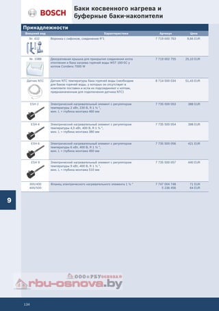 Принадлежности
Внешний вид Характеристики Артикул
Nr. 432 Воронка с сифоном, соединение R"1 7 719 000 763
Nr. 1088 Декоративная крышка для прикрытия соединения котла
отопления и бака нагрева горячей воды WST 160-5C у
котлов Condens 7000 W
7 719 002 755
Датчик NTC Датчик NTC температуры бака горячей воды (необходим
для баков горячей воды, у которых он отсутствует в
комплекте поставки и если их подсоединяют к котлам,
предназначенным для подключения датчика NTC)
8 714 500 034
Цена
9,66 EUR
25,10 EUR
51,43 EUR
ESH 2 Электрический нагревательный элемент с регулятором
температуры 2 кВт, 230 В, R 1 ½ ",
мин. L = глубина монтажа 460 мм
7 735 500 053
ESH 4 Электрический нагревательный элемент с регулятором
температуры 4,5 кВт, 400 В, R 1 ½ ",
мин. L = глубина монтажа 380 мм
7 735 500 054
ESH 6 Электрический нагревательный элемент с регулятором
температуры 6 кВт, 400 В, R 1 ½ ",
мин. L = глубина монтажа 460 мм
7 735 500 056
ESH 9 Электрический нагревательный элемент с регулятором
температуры 9 кВт, 400 В, R 1 ½ ",
мин. L = глубина монтажа 510 мм
7 735 500 057
300/400
400/500
Фланец электрического нагревательного элемента 1 ½ " 7 747 004 748
5 236 456
388 EUR
398 EUR
421 EUR
440 EUR
71 EUR
64 EUR
134
Баки косвенного нагрева и
буферные баки-накопители
9
 