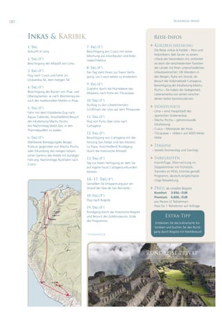 ¤ðé                                                                                                                  Î«²¼®»·-» °®·ª¿¬




      ×²µ¿- ú Õ¿®·¾·µ                                                                                  Î»·-»ó×²º±-

      ïò Ì¿¹                                                éò Ì¿¹ øÚö÷                                Õ«®¦¾»-½¸®»·¾«²¹
      ß²µ«²º¬ ·² Ô·³¿ò                                      Þ»-·½¸¬·¹«²¹ ª±² Ý«-½± ³·¬ -»·²»®          Ü·» Î»·-» e×²µ¿- ú Õ¿®·¾·µ Š Ð»®« «²¼
                                                            Ó·-½¸«²¹ ¿«- ×²µ¿óÞ¿«¬»² «²¼ Õ±´±ó         Õ±´«³¾·»²u ´<¼¬ Í·» »·² ¦« »·²»³
      îò Ì¿¹ øÚö÷                                           ²·¿´¿®½¸·¬»µ¬«®ò                           Ë®´¿«¾ ¼»® ¾»-±²¼»®»² ß®¬ô ª»®¾·²¼»¬
      Þ»-·½¸¬·¹«²¹ ¼»® ß´¬-¬¿¼¬ ª±² Ô·³¿ò                                                              -·» ¼±½¸ ¼·» ª»®-½¸·»¼»²-¬»² Ú¿½»¬¬»²
                                                            èò Ì¿¹ øÚö÷                                ¼»® Ô<²¼»® ³·¬ ×¸®»² «²¬»®-½¸·»¼´·½¸»²
      íò Ì¿¹ øÚö÷                                           Ü»® Ì¿¹ -¬»¸¬ ×¸²»² ¦«® º®»·»² Ê»®º$ó      Ë®´¿«¾-©$²-½¸»²æ Ñ¾ É¿²¼»®² ·²
      Ú´«¹ ²¿½¸ Ý«-½± «²¼ Ú¿¸®¬ ·²-                         ¹«²¹ô «³ Ý«-½± ©»·¬»® ¦« »²¬¼»½µ»²ò        ¼»² Þ»®¹»²ô Î«¸» ¿³ Í¬®¿²¼ô ±¾
      Ë®«¾¿³¾¿óÌ¿´ô ¼»³ ¸»·´·¹»² Ì¿´ò                                                                  Þ»-«½¸ ¼»® Õ±´±²·¿´-¬¿¼¬ Ý¿®¬¿¹»²¿ô
                                                            çò Ì¿¹ øÚö÷                                Þ»-·½¸¬·¹«²¹ ¼»® ×²µ¿º»-¬«²¹ Ó¿½¸«
      ìò Ì¿¹ øÚö÷                                           Æ«¹º¿¸®¬ ¼«®½¸ ¼·» Ø±½¸»¾»²» ¼»-           Ð·½½¸« Š Í·» ¸¿¾»² ¼·» Ù»´»¹»²¸»·¬ô
      Þ»-·½¸¬·¹«²¹ ¼»® Î«·²»² ª±² Ð·-¿½ «²¼                 ß´¬·°´¿²± ²¿½¸ Ð«²± ¿³ Ì·¬·½¿½¿-»»ò        Ô¿¬»·²¿³»®·µ¿ ª±² -»·²»² ª»®-½¸·»ó
      Ñ´´¿²¬¿§¬¿³¾±ò Ö» ²¿½¸ É±½¸»²¬¿¹ ¾»ó
                                                                                                       ¼»²»² Í»·¬»² µ»²²»²¦«´»®²»²ò
      -«½¸ ¼»- ¬®¿¼·¬·±²»´´»² Ó¿®µ¬- ·² Ð·-¿½ò              ïðò Ì¿¹ øÚö÷

      ëò Ì¿¹ øÚö÷                                                                                      Ø*¸»°«²µ¬»
      Ú¿¸®¬ ³·¬ ¼»³ Ê·-¬¿¼±³»óÆ«¹ ²¿½¸                                                                ó Ô·³¿ Š »·²-¬ Ø¿«°¬-¬¿¼¬ ¼»-
      ß¹«¿- Ý¿´·»²¬»-ò ß²-½¸´·»A»²¼ Þ»-«½¸                  ïïò Ì¿¹ øÚö÷                                -°¿²·-½¸»² Í$¼¿³»®·µ¿-
      ¼»® ×²µ¿º»-¬«²¹ Ó¿½¸« Ð·½½¸«ò                         Ú´«¹ ª±² Ð«²± $¾»® Ô·³¿ ²¿½¸              ó Ó¿½¸« Ð·½½¸« Š ¹»¸»·³²·-ª±´´»
      ß³ Ò¿½¸³·¬¬¿¹ ¾´»·¾¬ Æ»·¬ô ·² ¼»²                     Ý¿®¬¿¹»²¿ò                                  ×²µ¿º»-¬«²¹
      Ì¸»®³¿´¯«»´´»² ¦« ¾¿¼»²ò                                                                        ó Ý«-½± Š Ó»¬®±°±´» ¼»® ×²½¿-
                                                            ïîò Ì¿¹ øÚö÷                              ó Ì·¬·½¿½¿-»» Š eÓ»»®u ¿«º ìððð Ó»¬»®
      êò Ì¿¹ øÚö÷                                           Þ»-·½¸¬·¹«²¹ ª±² Ý¿®¬¿¹»²¿ ³·¬ ¼»®          Ø*¸»
      É¿¸´©»·-» Þ»-¬»·¹«²¹¼»- Þ»®¹»-                        Ú»-¬«²¹ Í¿² Ú»´·°» «²¼ ¼»- Õ´±-¬»®-
      Ð«-·µ«-· ¹»¹»²$¾»® ª±² Ó¿½¸« Ð·½½¸«                   Ô¿ Ð±°¿ô ß²-½¸´·»A»²¼ Î«²¼¹¿²¹             Ì»®³·²»
      ±¼»® Û®µ«²¼«²¹ ¼»- ®·»-·¹»² ¾±¬¿²·ó                   ¼«®½¸ ¼·» ¸·-¬±®·-½¸» ß´¬-¬¿¼¬ò           ó Ö»©»·´- Ü±²²»®-¬¿¹ «²¼ Í±²²¬¿¹
      -½¸»² Ù¿®¬»²- ¼»- Ø±¬»´- ³·¬ µ«²¼·¹»®
      Ú$¸®«²¹ò Ò¿½¸³·¬¬¿¹- Î$½µº¿¸®¬ ²¿½¸                   ïíò Ì¿¹ øÚö÷                               ×²¾»¹®·ºº»²
      Ý«-½±ò                                                Ì¿¹ ¦«® º®»·»² Ê»®º$¹«²¹ ¿² ¼»³ Í·»
                                                            ¿«º »·¹»²» Ú¿«-¬ Ý¿®¬¿¹»²¿ »®µ«²¼»²        Ü±°°»´¦·³³»® ³·¬ Ú®$¸-¬$½µô
                                                            µ*²²»²ò                                    Ì®¿²-º»®- ·³ ÐÕÉô Û·²¬®·¬¬» ¹»³<A
                                                                                                       Ð®±¹®¿³³ô ¼»«¬-½¸óñ»²¹´·-½¸-°®¿ó
                                                            ïìòŠïéò Ì¿¹ øÚö÷                           ½¸·¹» Î»·-»´»·¬«²¹
                                                            Ù»²·»A»² Í·» Û²¬-°¿²²«²¹ °«® ¿³
                                                            Í¬®¿²¼ ¼»® ×-´¿- ¼» Í¿² Þ»®²¿®¼±ò          Ð®»·-     ¿¾ Ô·³¿ñ¾·- Þ±¹±¬?
                   Ý¿®¬¿¹»²¿
                                                                                                       Õ±³º±®¬ íòçëðôó ÛËÎ
                                                            ïèò Ì¿¹ øÚö÷                               Ð®»³·«³ êòèððôó ÛËÎ
       ÐßÒßÓß
                                                            Ú´«¹ ²¿½¸ Þ±¹±¬?ò                          °®± Ð»®-±² øî Ì»·´²»¸³»®÷
                                              ÊÛÒÛÆËÛÔß
                                                                                                       Ð®»·- º$® ï Ì»·´²»¸³»® ¿«º ß²º®¿¹»
                                                            ïçò Ì¿¹ øÚö÷
                                                            Î«²¼¹¿²¹ ¼«®½¸ ¼¿- ¸·-¬±®·-½¸» Þ±¹±¬?
                                                            «²¼ Þ»-«½¸ ¼»- Ù±´¼³«-»«³-ò Û²¼»                   Û¨¬®¿óÌ·°°
                                                            ¼»- Ð®±¹®¿³³-ò
                                                                                                        Û²¬¼»½µ»² Í·» ¼¿- µ«´·²¿®·-½¸» Õ±ó
                                 ÕÑÔËÓ Þ×ÛÒ
                                                                                                       ´«³¾·»² «²¼ ¾«½¸»² Í·» ¼»² Î«²¼ó
                                                                                                      ¹¿²¹ ¼«®½¸ Þ±¹±¬? ³·¬ Ó¿®µ¬¾»-«½¸
                                                            ö ÚãÚ®$¸-¬$½µ

         ÛÝËßÜÑÎ
                                                ÞÎßÍ×Ô×ÛÒ
                                        ÕÑÔËÓÞ×ÛÒ

                                                                                                    Î«²¼®»·-» °®·ª¿¬
                ÐÛÎË




        ÛÝËßÜÑÎ




                               ÐÛÎË
                               Ó¿½¸« Ð·½½¸«
 