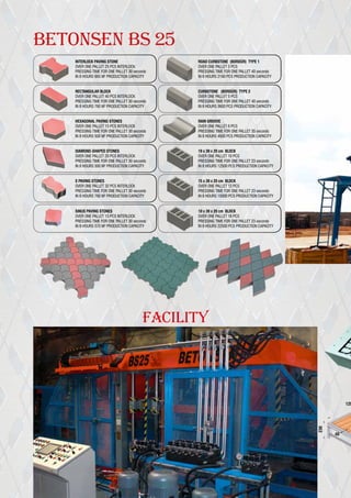 BETONSEN BS 25
INTERLOCK PAVING STONE
OVER ONE PALLET 25 PCS INTERLOCK
PRESSING TIME FOR ONE PALLET 30 seconds
IN 8 HOURS 665 M2
PRODUCTION CAPACITY
ROAD CURBSTONE (BORDÜR) TYPE 1
OVER ONE PALLET 3 PCS
PRESSING TIME FOR ONE PALLET 40 seconds
IN 8 HOURS 2160 PCS PRODUCTION CAPACITY
RECTANGULAR BLOCK
OVER ONE PALLET 40 PCS INTERLOCK
PRESSING TIME FOR ONE PALLET 30 seconds
IN 8 HOURS 760 M2
PRODUCTION CAPACITY
CURBSTONE (BORDÜR) TYPE 2
OVER ONE PALLET 5 PCS
PRESSING TIME FOR ONE PALLET 40 seconds
IN 8 HOURS 3600 PCS PRODUCTION CAPACITY
HEXAGONAL PAVING STONES
OVER ONE PALLET 15 PCS INTERLOCK
PRESSING TIME FOR ONE PALLET 30 seconds
IN 8 HOURS 500 M2
PRODUCTION CAPACITY
RAIN GROOVE
OVER ONE PALLET 6 PCS
PRESSING TIME FOR ONE PALLET 35 seconds
IN 8 HOURS 4500 PCS PRODUCTION CAPACITY
DIAMOND-SHAPED STONES
OVER ONE PALLET 20 PCS INTERLOCK
PRESSING TIME FOR ONE PALLET 30 seconds
IN 8 HOURS 500 M² PRODUCTION CAPACITY
19 x 39 x 20 cm BLOCK
OVER ONE PALLET 10 PCS
PRESSING TIME FOR ONE PALLET 23 seconds
IN 8 HOURS 12500 PCS PRODUCTION CAPACITY
S PAVING STONES
OVER ONE PALLET 32 PCS INTERLOCK
PRESSING TIME FOR ONE PALLET 30 seconds
IN 8 HOURS 760 M² PRODUCTION CAPACITY
15 x 39 x 20 cm BLOCK
OVER ONE PALLET 12 PCS
PRESSING TIME FOR ONE PALLET 23 seconds
IN 8 HOURS 15000 PCS PRODUCTION CAPACITY
SINUS PAVING STONES
OVER ONE PALLET 15 PCS INTERLOCK
PRESSING TIME FOR ONE PALLET 30 seconds
IN 8 HOURS 570 M² PRODUCTION CAPACITY
10 x 39 x 20 cm BLOCK
OVER ONE PALLET 18 PCS
PRESSING TIME FOR ONE PALLET 23 seconds
IN 8 HOURS 22500 PCS PRODUCTION CAPACITY
FACILITY
120
230
40
 
