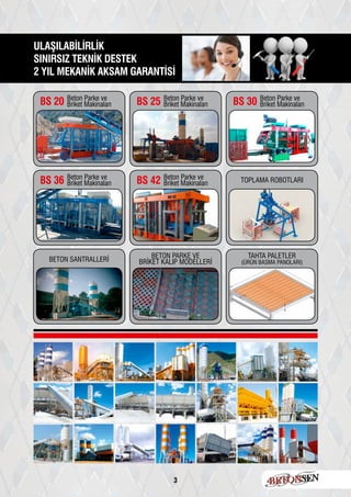 3
ULAŞILABİLİRLİK
SINIRSIZ TEKNİK DESTEK
2 YIL MEKANİK AKSAM GARANTİSİ
BS 20
BS 36
Beton Parke ve
Briket Makinaları
Beton Parke ve
Briket Makinaları
BS 25
BS 42
Beton Parke ve
Briket Makinaları
Beton Parke ve
Briket Makinaları
BS 30 Beton Parke ve
Briket Makinaları
TOPLAMA ROBOTLARI
BETON SANTRALLERİ
BETON PARKE VE
BRİKET KALIP MODELLERİ
TAHTA PALETLER
(ÜRÜN BASMA PANOLARI)
 