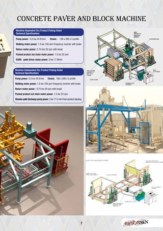 7
concrete paver and blocK MACHINE
Machine-Dependent Dry Product Picking Robot
Technical Spesifications
Pump power : 5,5 kw 45 It/mm Chasis : 130 x 200 x 5 profile
Walking motor power: 1.5 kw 150 rpm Frequency mverter with brake
Return motor power: 2.75 low 20 rpm with break
Packed product out chain motor power: 1.5 kw 23 rpm
EURO palet driver motor power: 3 kw 17 Itfmin
Pump power: 5,5 kw 45 It/min Chasis: 100 x 200 x 5 profile
Walking motor power: 1,5 kw 150 rpm Frequency inverter with brake
Return motor power : 0.75 kw 20 rpm with break
Packed product out chain motor power: 1,5 kw 23 rpm
Wooden palet discbarge pump power: 3 kw 17 it /min Fresh product stacking
Machine-Independent Dry Product Picking Robot
Technical Spesifications
 
