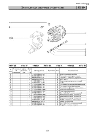 Каталог LADA KALINA
                                                                                                        09.06

                 Âåíòèëÿòîð ñèñòåìû îòîïëåíèÿ                                                E140




       № извещ.   Дата   Вкл.
 №
           об    выпуска   в     Номер детали       Варианты Кол.             Наименование
поз.
       изменении   изв.   з/ч
 1                         + 11180 8119020 00                 1     Воздухозаборник в сборе
 2                         + 21230 8118036 00                 1     Улитка вентилятора верхняя
 3                         + 00001 0038318 01                 4     Гайка М5 с зубчатым буртиком
 4                         + 00001 0032992 01                 4     Винт М5х12
 5                            11180 8119124 00                1     Воздухопровод промежуточный
 6                         + 21080 8101110 00                 6     Скоба
 7                         + 21230 8118031 00                 1     Улитка вентилятора нижняя в сборе
 8                         + 21230 8118037 00                 1     Улитка вентилятора нижняя
9                          + 21230 8118097 00                 1     Уплотнитель фланца вентилятора
10                         + 21230 8118022 00(~)              1     Резистор добавочный
10                         + 21230 8118022 01(~)              1     Резистор добавочный
11                         + 00001 0076691 01                 1     Винт 3,6х12,7 самонарезающий
12                         + 11180 8118020 00(~)              1     Электровентилятор отопителя
12                         + 11180 8118020 01(~)              1     Электровентилятор отопителя
12                         + 11180 8118020 02(~)              1     Электровентилятор отопителя
13                            21080 8101137 00                3     Шайба крепления вентилятора
14                            00001 0006153 70                3     Шайба 5 стопорная
15                            00001 0076692 01                3     Винт 3,6х15,9 самонарезающий
16                         + 21230 8118096 00                 1     Патрубок подвода воздуха




                                                   E5
 