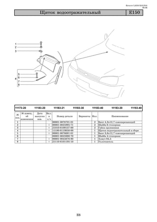 Каталог LADA KALINA
                                                                                                            09.06

                    Ùèòîê âîäîîòðàæàòåëüíûé                                                      Å150




       № извещ.   Дата   Вкл.
 №
           об    выпуска   в       Номер детали         Варианты Кол.             Наименование
поз.
       изменении   изв.   з/ч
 1                              00001   0076701   01              2     Винт 4,3х12,7 самонарезающий
 2                        +     00001   0025995   71              2     Шайба 6 стопорная
 3                        +     21010   8109137   00              2     Гайка пружинная
 4                        +     11180   8119050   00              1     Щиток водоотражательный в сборе
 5                        +     00001   0076691   01              1     Винт 3,6х12,7 самонарезающий
 6                              00001   0025980   70              1     Шайба 4 стопорная
 7                        +     00001   0045676   80              1     Хомут 84,5
 8                        +     21110   8101195   10              1     Уплотнитель




                                                       E6
 