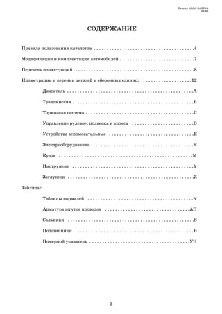 Каталог LADA KALINA
                                                                                                                            09.06




                                            СОДЕРЖАНИЕ

Правила пользования каталогом . . . . . . . . . . . . . . . . . . . . . . . . . . . . . . . . . . . . . . .4

Модификации и комплектации автомобилей . . . . . . . . . . . . . . . . . . . . . . . . . . . . .7

Перечень иллюстраций . . . . . . . . . . . . . . . . . . . . . . . . . . . . . . . . . . . . . . . . . . . . . .8

Иллюстрации и перечни деталей и сборочных единиц: . . . . . . . . . . . . . . . . . . .12

             Двигатель . . . . . . . . . . . . . . . . . . . . . . . . . . . . . . . . . . . . . . . . . . . . . . . . .А

             Трансмиссия . . . . . . . . . . . . . . . . . . . . . . . . . . . . . . . . . . . . . . . . . . . . . . .В

             Тормозная система . . . . . . . . . . . . . . . . . . . . . . . . . . . . . . . . . . . . . . . . . .С

             Управление рулевое, подвеска и колеса . . . . . . . . . . . . . . . . . . . . . . . .D

             Устройства вспомогательные . . . . . . . . . . . . . . . . . . . . . . . . . . . . . . . . .Е

             Электрооборудование . . . . . . . . . . . . . . . . . . . . . . . . . . . . . . . . . . . . . . .К

             Кузов . . . . . . . . . . . . . . . . . . . . . . . . . . . . . . . . . . . . . . . . . . . . . . . . . . . .М

             Инструмент . . . . . . . . . . . . . . . . . . . . . . . . . . . . . . . . . . . . . . . . . . . . . . .Y

             Заглушки . . . . . . . . . . . . . . . . . . . . . . . . . . . . . . . . . . . . . . . . . . . . . . . . .Z

Таблицы:

             Таблицы нормалей . . . . . . . . . . . . . . . . . . . . . . . . . . . . . . . . . . . . . . . . .N

             Арматура жгутов проводов . . . . . . . . . . . . . . . . . . . . . . . . . . . . . . . . .АП

             Сальники . . . . . . . . . . . . . . . . . . . . . . . . . . . . . . . . . . . . . . . . . . . . . . . . .S

             Подшипники . . . . . . . . . . . . . . . . . . . . . . . . . . . . . . . . . . . . . . . . . . . . . .В

             Номерной указатель . . . . . . . . . . . . . . . . . . . . . . . . . . . . . . . . . . . . . . .УН




                                                            3
 