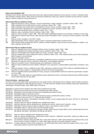 21
Výkonnostní klasifikace API
Popisuje úroveň užitných vlastností (výkonnost) motorových olejů symbolem složeným ze dvou písmen, k nimž je v některých přípa-
dech přiřazena rozlišující číslice. Oleje určené pro benzinové (zážehové) motory jsou značeny symbolem S (prvé písmeno značení),
oleje pro naftové (vznětové) motory písmenem C.
Výkonnostní třídy pro zážehové motory
SA 	 Oleje bez přísad pro motory, pracující v mírných podmínkách s malým zatížením, vyrobené v letech 1940 – 1950.
SB 	 Oleje s přísadami proti tvorbě úsad pro motory vyrobené v letech 1951 – 1963.
SC 	 Oleje s přísadami proti tvorbě úsad a nízkoteplotních kalů pro motory vyrobené v letech 1964 – 1967.
SD 	 Aditivované oleje s detergentními a disperzními přísadami pro motory vyrobené v letech 1968 – 1971.
SE 	 Oleje pro velmi namáhané motory vyrobené v letech 1971 – 1979.
SF 	 Oleje pro vysoce namáhané motory vyrobené v letech 1980 – 1988.
SG 	Oleje pro motory vyrobené v letech 1988 – 1993, které splňují nejpřísnější požadavky na minimalizaci opotřebení a tvorby kalů.
SH 	Oleje stejných vlastností jako SG jsou však testovány podle náročnějších norem. Určené pro motory vyrobené v roce 1996
a starší.
SJ 	 Olej pro motory vyrobené v roce 2001 a starší.
SL 	 Oleje překonávající API SJ zvýšenou úsporou paliva a možností prodloužených výměnných lhůt.
SM 	Oleje nejvyšší kvality překonávající API SL zvýšenou oxidační stabilitou, vyšší ochranou proti opotřebení a úsadám. Uve-
dena v platnost od roku 2004.
Výkonnostní třídy pro vznětové motory
CA 	 Oleje pro nepřeplňované mírně namáhané naftové motory vyrobené v letech 1940 – 1960.
CB 	 Oleje pro nepřeplňované středně namáhané motory vyrobené v letech 1949 – 1964.
CC 	 Oleje pro mírně přeplňované středně zatěžované motory vyrobené v letech 1964 –1970.
CD 	Oleje pro přeplňované vysoce zatěžované motory vyrobené v letech 1970 –1979. Obsahují aditivy proti tvorbě vysokotep-
lotních usazenin a korozi ložisek.
CD-II 	 Oleje pro dvoutaktní motory.
CE 	 Oleje pro výkonné vysoce zatěžované, rychloběžné, přeplňované motory vyrobené po roce 1983.
CF 	 Nahrazuje CD oleje pro motory s nepřímým vstřikováním, mají vylepšené vlastnosti.
CF-2 	 Oleje pro dvoutaktní motory. Obsahují přísady proti opotřebení a tvorbě úsad.
CF-4 	Oleje pro nejvíce zatěžované motory těžkých nákladních vozů, pracujících v nejnáročnějších podmínkách. Zavedena v roce
1990.
CG-4 	Motorové oleje pro motory, vyráběné od roku 1995, s důrazem na plnění emisních limitů. Oleje pro nejzatěžovanější vyso-
kootáčkové motory, pracující v nejnáročnějších silničních a terénních podmínkách.
CH-4 	Oleje pro nejzatěžovanější vysokootáčkové motory, pracující v nejnáročnějších silničních a terénních podmínkách. Zavede-
na v roce 1998.
CI-4 	Zavedena v roce 2002. Oleje pro vysokootáčkové vysoce zatěžované motory s recirkulací výfukových plynu (EGR), splňující
emisní limity stanovené od roku 2004.
Firemní předpisy – aprobace olejů
Významní výrobci automobilů často zpracovávají pro svá vozidla (motory, převodovky) firemní předpisy, jejichž splnění je podmín-
kou aprobace automobilových olejů jednotlivých výrobců. V Evropě mají dnes největší význam předpisy zpracované společnostmi
Volkswagen a DaimlerChrysler, Volvo, BMW, MAN, Porsche aj.
Nejčastěji se vyskytují firemní předpisy VW a MB, které charakterizují tyto oleje:
VW 501.01 - 	běžné motorové oleje pro benzinové a nepřeplňované naftové motory
VW 500.00 - 	lehkoběžné motorové oleje pro benzinové a nepřeplňované naftové motory
VW 502.00 - 	lehkoběžné oleje pro benzinové motory
VW 503.00 -	 lehkoběžné i běžné motorové oleje pro benzinové motory s prodlouženou dobou výměny
VW 503.01	 benzinové motory Audi S3 a TT, výměnná lhůta 30 000 km
VW 504.00 - 	pro benzinové motory s proměnlivým intervalem výměny, lze jimi nahradit oleje VW norem: VW 501.01, VW 502.00,
VW 503.00, VW 503.01
VW 505.00 - 	celoroční oleje pro naftové nepřeplňované i přeplňované motory
VW 505.01 - 	celoroční oleje pro naftové nepřeplňované i přeplňované motory, včetně motorů čerpadlo – tryska
VW 506.00 - 	lehkoběžné i běžné motorové oleje pro naftové motory s velmi dlouhou dobou výměny
VW 506.01 - 	lehkoběžné oleje pro naftové motory TDI PD (čerpadlo-tryska)
VW 507.00 - 	pro naftové motory s proměnlivým intervalem výměny s filtrem pevných částic (DPF), lze jimi nahradit oleje VW norem:
VW 506.00, VW 506.01, VW 500.00, VW 505.00, VW 505.01
MB 228.1 -	 oleje pro naftové nepřeplňované i přeplňované motory
MB 228.3 -	oleje pro naftové nepřeplňované i přeplňované motory osobních i nákladních automobilů, vhodné pro dálkovou pře-
pravu a prodloužené výměnné lhůty
MB 228.5 -	pro obdobnou aplikační oblast jako MB 228.3, vyšší užitné vlastnosti – další možné prodloužení výměnných lhůt, vhod-
né pro motory s vysokým zatížením a s malou náplní oleje, pracující při vysokém tepelném zatížení
MB 285.51-	k mazání naftových motorů, které vyžadují tzv. Low SAPS oleje (nízký obsah sulfátového popele, fosforu a síry; umož-
ňuje splnění přísných emisních limitů EURO IV a V
 