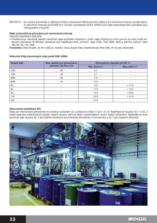 22
MB 229.51 -	pro osobní automobily s naftovými motory vybavenými filtrem pevných částic a pro benzínové motory s prodloužený-
mi servisními intervaly (až 20 000 km). Vychází z požadavků ACEA A3/B4 a C3; oleje odpovídající této specifikaci jsou
nízkopopelné a long life.
Oleje automobilové převodové pro mechanické převody
Viskozitní klasifikace SAEJ306
• charakterizuje viskozitně teplotní vlastnosti oleje symbolem složeným z číslic; oleje vhodné pro zimní provoz se navíc značí pří-
davným písmenem W (Winter). Obsahuje čtyři klasifikační třídy „zimních“ olejů (70W, 75W, 80W, 85W) a pět tříd „letních“ olejů
(80, 85, 90, 140, 250).
Poznámka: Obecně platí, že čím vyšší je v každé z obou skupin číslo charakterizující třídu SAE, tím je olej viskóznější.
Viskozitní třídy převodových olejů podle SAE J306A
Stupeň SAE Max. teplota pro dynamickou
viskozitu 150 Pa.s (°C)
Kinematická viskozita při 100 °C
Min. (mm2
.s-1
) Max. (mm2
.s-1
)
70W -55 4,1 -
75W -40 4,1 -
80W -26 7,0 -
85W -12 11,0 -
80 - 7,0  11,0
85 - 11,0  13,5
90 - 13,5  24,0
140 - 24,0  41,0
250 - 41,0 -
Výkonnostní klasifikace API
Oleje pro mechanické převodovky se označují symbolem GL a přídavnou číslicí (1 až 5, ev. 6). Například do skupiny GL 1 a GL 2
náleží oleje bez zušlechťujících přísad, ostatní skupiny zahrnují oleje s vysokotlakými, event. dalšími přísadami. Nejčastěji se dnes
používají oleje skupiny GL 4 (pro běžně namáhané automobilové převodovky a rozvodovky) a GL 5 (pro hypoidní převody).
 