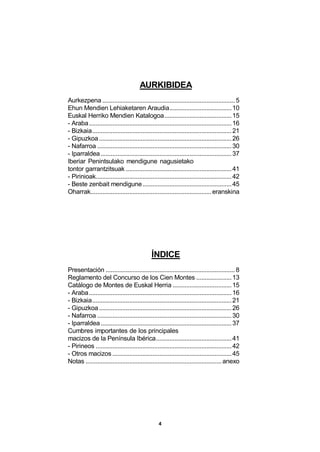 4
AURKIBIDEA
Aurkezpena ...............................................................................5
Ehun Mendien Lehiaketaren Araudia.....................................10
Euskal Herriko Mendien Katalogoa........................................15
- Araba.....................................................................................16
- Bizkaia...................................................................................21
- Gipuzkoa...............................................................................26
- Nafarroa ................................................................................30
- Iparraldea..............................................................................37
Iberiar Penintsulako mendigune nagusietako
tontor garrantzitsuak ...............................................................41
- Pirinioak.................................................................................42
- Beste zenbait mendigune.....................................................45
Oharrak........................................................................eranskina
ÍNDICE
Presentación .............................................................................8
Reglamento del Concurso de los Cien Montes .....................13
Catálogo de Montes de Euskal Herria ...................................15
- Araba.....................................................................................16
- Bizkaia...................................................................................21
- Gipuzkoa...............................................................................26
- Nafarroa ................................................................................30
- Iparraldea..............................................................................37
Cumbres importantes de los principales
macizos de la Península Ibérica.............................................41
- Pirineos .................................................................................42
- Otros macizos .......................................................................45
Notas .................................................................................anexo
 