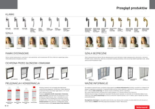 Przegląd produktów
 Klamki




 klamka G80           klamka G80           klamka G80           klamka                klamka             klamka           klamka             klamka ozdobna   klamka ozdobna    klamka ozdobna     klamka ozdobna    klamka ozdobna   klamka            klamka ozdobna     klamka ozdobna     klamka ozdobna
 nr art. 36423        nr art. 36404        nr art. 36400        standardowa           ozdobna            ozdobna biała    z przyciskiem      Bruxelles        Athinai chrom-    Athinai, mosiądz   Bruxelles         mosiądz          z zamkiemm        Athinai, mosiądz   Bruxelles          Atlanta mosiądz
                                                                naturalne             stalowa            nr art. 33896    nr art. 33885      chrom, satyna    stal szlachetna   matowy             mosiądz           polerowany       mosiądz           polerowany         mosiądz            polerowany
                                                                aluminium             nr art. 34615                                          nr art. 34592    matowana          aluminium-stal     polerowany/       nr art. 34597    nr art. 33886     nr art. 34595      polerowany         nr art. 34750
                                                                nr art. 33899                                                                                 nr art. 34596     nr art. 34594      chrom                                                                   nr art. 34591
 Szkła                                                                                                                                                                                             nr art. 34590




 Chinchilla                  Masterpoint                   Spotlyte                     Szkło zbrojone           Linea                    Mastercarré         Kathedral,              UADI                      Satinato białe          Ornament 504             Altdeutsch K               Reflo
                                                                                                                                                              młotkowane




 Ramki dystansowe                                                                                                                                             Szkła bezpieczne
 Oprócz ramek dystansowych z aluminium i stali szlachetnej, ramki dystansowe ISO firmy Internorm zapewniają maksy-                                            Szkło wielowarstwowe klejone oferuje zabezpieczenie przed włamaniem dzięki zabezpieczeniu aktywnemu i biernemu.
 malną efektywność energetyczną okien.                                                                                                                        Ponadto szyba z elastyczną, odporną na rozerwanie warstwą pośrednią, która utrzymuje odłamki pękniętej szyby, zabez-
                                                                                                                                                              piecza przed obrażeniami ciała.

 Ochrona przed słońcem i owadami




                 okno zespolone                   żaluzja                           roleta zewnętrzna             roleta zewnętrzna             miniroleta            żaluzja                       okiennice                         moskitiera                 ramka stała lub                ramka
                                                  zewnętrzna                                                                                                          wewnętrzna                                                      w formie rolety            rozwierana                     przesuwna



 Pielęgnacja i konserwacja                                                                                                                                    Ważne informacje
                                                                                        Produkty Internorm nie wymagają skomplikowanej,                       Ze względu na warunki druku i produkcji mogą pojawić się różnice kolorystyczne pomiędzy rysunkami w niniejszym ka-
                                                                                        czasochłonnej pielęgnacji i konserwacji. Dzięki regularnej            talogu a oryginalnymi produktami. Oryginalne próbki kolorów można zobaczyć u partnera [1st] window partner Internom.
                                                                                        konserwacji Twoje okna będą ciągle piękne, a ich żywot-               Kolor i fakturę szkła ozdobnego nie zawsze można przedstawić wiernie oryginałowi.
                                                                                        ność znacznie wzrośnie.                                               Aby unikać nieporozumień, porównaj wzory szkła dostępne u [1st] window partner firmy Internorm.
                                                                                        Polecamy specjalne środki czyszczące i konserwa-                      Zjawiska fizyczne mogą w określonych warunkach klimatycznych sprawiać, że dochodzi do kondensacji wilgoci na ze-
                                                                                        cyjne Internorm, przeznaczone do powierzchni z PCV,                   wnętrznej szybie okna zespolonego (od strony przestrzeni międzyszybowej, czyli w miejscu, gdzie znajduje się osłona
                                                                                        powierzchni aluminiowych, okuć i uszczelek (na rysun-                 przeciwsłoneczna).
                                                                                        ku pokazano kilka przykładowych produktów). Są one
                                                                                        dostępne wraz z broszurą informacyjną u każdego [1st]                 Szczegółowe informacje na wszystkie ważne tematy oraz więcej porad uzyskasz na www.internorm.com lub pod nu-
                                                                                        window partner firmy Internorm. Profesjonalne usługi                  merem telefonu 00800/11 111 111 (połączenie bezpłatne w Austrii i Niemczech).
  Intensywny środek    Środek czyszczący   Środek czyszczący     Proszek polerski
      czyszczący             Decor               Eloxal                                 serwisowe świadczy [1st] serwis okien firmy Internorm.

90 | 91
 