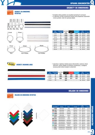 OPRAWA DOKUMENTÓW
9
OPRAWADOKUMENTÓW
205
9
OKŁADKI DO BINDOWNIC
GRZBIETY DO BINDOWNIC
MYOFFICE
GRZBIETY WSUWANE ARGO
hkompletna oferta grzbietów we wszystkich potrzebnych rozmiarach
hw zależności od ilości oprawionych kartek można dopasować odpowiedni
rozmiar grzbietu i kolor do wybranej okładki
hnajszybsza i najtańsza metoda oprawy dokumentów, wystarczy złożyć
dokument i dobrać okładki do bindownic grzbietowych, a następnie
wsunąć grzbiet wzdłuż krawędzi na dokument
6 mm
8 mm
10 mm
12,5 mm
16 mm
19 mm
25 mm
28 mm
38 mm
45 mm
4 mm
6 mm
10 mm
15 mm
C1022
C1023
C1024
C1025
C740
C741
C743
-
-
-
C858
C859
C860
-
Szer.
grzbietu
Szer.
grzbietu
Kod OSAA
biały
Kod OSAA
biały
Kod OSAA
czarny
Kod OSAA
czarny
Kod OSAA
niebieski
Kod OSAA
czerwony
Kod OSAA
niebieski
Cena
Cena
Oprawiają
kartek
Oprawiają
kartek
25
45
65
105
145
165
240
270
350
440
40
60
100
150
C1027
C1028
C1029
C1030
C762
C763
C765
C766
C768
C769
C862
C863
C865
C867
C1037
C1038
C1039
C1040
C792
C793
C795
-
-
-
C869
C870
C871
-
C875
C876
C877
-
16,00
20,00
24,00
32,00
44,00
59,00
46,00
50,00
60,00
64,00
24,00
26,00
32,00
38,00
op. - 100 szt.
op. - 100 szt.
op. - 100 szt.
op. - 100 szt.
op. - 100 szt.
op. - 100 szt.
op. - 50 szt.
op. - 50 szt.
op. - 50 szt.
op. - 50 szt.
op. - 50 szt.
op. - 50 szt.
op. - 50 szt.
op. - 50 szt.
Jedn.
sprzed.
Jedn.
sprzed.
25kartek
6 mm 8 mm
45kartek
65kartek
105kartek
145kartek
10 mm 12,5 mm 16 mm
19 mm
165 kartek
25 mm
240 kartek
28 mm
270 kartek 350 kartek
38 mm z zatrzaskiem 45 mm z zatrzaskiem
440 kartek
transparentne
błyszczące
skóropodobne
biały
czarny
czerwony
niebieski
zielony
biały
czarny
czerwony
granatowy
niebieski
zielony
transparentny
transparentny
op. - 100 szt.
op. - 100 szt.
op. - 100 szt.
op. - 100 szt.
op. - 100 szt.
op. - 100 szt.
op. - 100 szt.
op. - 100 szt.
op. - 100 szt.
op. - 100 szt.
op. - 100 szt.
op. - 100 szt.
op. - 100 szt.
Kod OSAA Kolor Cena
Jedn.
sprzed.
C1006
C1007
C1008
C1009
C1010
C1011
C1012
C1013
C1014
C1015
C1016
C1017
C1018
37,40
37,40
37,40
37,40
37,40
39,84
39,84
39,84
39,84
39,84
39,84
34,15
39,84
2
250 g/m
2
250 g/m
2
250 g/m
2
250 g/m
2
250 g/m
2
250 g/m
2
250 g/m
2
250 g/m
2
250 g/m
2
250 g/m
2
250 g/m
150 mic.
200 mic.
Rodzaj
błyszczące
błyszczące
błyszczące
błyszczące
błyszczące
skóropodobne
skóropodobne
skóropodobne
skóropodobne
skóropodobne
skóropodobne
transparentne
transparentne
Grubość
OKŁADKI DO BINDOWNIC MYOFFICE
GRZBIETY DO BINDOWANIA
 