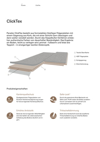 Parador

ClickTex

ClickTex
Parador ClickTex besteht aus formstabilen Holzfaser-Trägerplatten mit
einem Gegenzug aus Kork, die mit einer Schicht Garn überzogen und
dann weiter veredelt werden. Durch das Haspelkufen-Verfahren entstehen authentische Farben von dauerhafter Beständigkeit. Das Ergebnis:
ein Boden, leicht zu verlegen wie Laminat – fußwarm und leise wie
Teppich – in einzigartiger textilen Dielenoptik.

1
2

HDF-Trägerplatte

3

Korkgegenzug

4

1

Textile Oberﬂäche

Klick-Verbindung

4

2
3

Produkteigenschaften
Kantenquellschutz

Safe-Lock®

Quellgeschützte Trägerplatten und
Rundum-Kantenimprägnierung sorgen
für hervorragenden Kantenquellschutz.

Durch die patentierte Klick-Mechanik mit
Safe-Lock ® Proﬁl rasten die Dielen problemlos ein und lassen sich so schnell und
unkompliziert zusammenfügen.

Erhöhte Antistatik

Trittschalldämmung

Dank der hervorragenden Ableit fähigkeit
wird die Gefahr der elektrostatischen
Auﬂadung des Bodens deutlich verringert.

Dank einer Korkschicht wird die exzellente
Trittschalldämmung von ClickTex Böden
noch zusätzlich verstärkt.

 