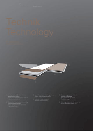 Parador Indoor

Laminat
Laminate ﬂooring

Technik
Technology
Produktaufbau
Product composition

1
5
2

3
4

6

1

2

Hochabriebfeste Deckschicht aus
Melaminharz-Overlay
Highly wear resistant top layer made of
melamine resin overlay
Dekorschicht bedruckt mit aufwendig
reproduzierten Dekoren
Decor layer printed with elaborately
reproduced decors

3

Speziell quellgeschützte Trägerplatte
Special swell-resistant ﬁbreboard

4

5

Renovierungsfreundlich durch
geringe Aufbauhöhe
Easy to renovate due to low
installation height

6

Feuchtigkeitsabweisende Rückseite
Moisture-repellent reverse side

Patentierte Klick-Mechanik
Patented click mechanism

 