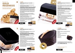 złota
pr
o
m o c
ja
FM kn2
KREM ODMŁADZAJĄCY NA NOC 50 ml
Anti-ageing night cream
FM kd1
KREM ODMŁADZAJĄCY NA DZIEŃ 50 ml
Anti-ageing day cream
FM ko3
KREM ODMŁADZAJĄCY POD OCZY 20 ml
Anti-ageing eye cream
FM G163
KUFEREK KOSMETYCZNY
Cosmetic box
	 odżywia i intensywnie regeneruje skórę, spłycając zmarszczki
	 i modelując owal twarzy podczas snu
	 złoto koloidalne przyspiesza wnikanie składników 		
	 aktywnych w głębokie warstwy skóry, pobudzając jej 		
	 odnowę i skutecznie regenerując
	 kwas hialuronowy intensywnie nawilża skórę i wspomaga
	 jej procesy naprawcze
	 ekstrakt z korzenia lukrecji stymuluje syntezę kolagenu, 		
	 przywracaskórzeelastycznośćidbaojejodpowiednienapięcie
	 resweratrol z czerwonych winogron działa antyoksydacyjnie, 		
	 opóźniając procesy starzenia
	 olej różany wspomaga utrzymanie równowagi hydrolipidowej 		
	 skóry i dodaje cerze blasku
	 olej kokosowy odżywia i delikatnie natłuszcza skórę
	 luksusowaformułazaprojektowanazmyśląocerzedojrzałej (40+)
	 do stosowania wieczorem, po wcześniejszym dokładnym
	 oczyszczeniu skóry twarzy
	 wyraźnie spłyca zmarszczki, przywraca skórze elastyczność
	 i zapewnia jej optymalne nawilżenie
	 złotokoloidalnestymulujekomórkidoodnowy,pobudzając
	 produkcję kolagenu i elastyny, redukuje przebarwienia
	 resweratrolzczerwonychwinogronwpływanaprocesynaprawcze
	 ichroniskóręprzedszkodliwymdziałaniemczynnikówzewnętrznych
	 bioaktywny kompleks oparty na kwasie hialuronowym wiąże 		
	 wodę w głębokich warstwach naskórka, zapewniając wysoki 		
	 poziom nawilżenia
	 ekstrakt z kory afrykańskiego drzewa Enantiachlorantha
	 łagodzi podrażnienia, normalizuje pracę gruczołów łojowych, 		
	 zapobiegając błyszczeniu się skóry
	 wyciąg z korzenia lukrecji działa przeciwzapalnie,
	 zapobiega powstawaniu przebarwień
	 beta-glukan z owsa, alantoina i D-pantenol potęgują działanie 		
	 przeciwstarzeniowe i nawilżające pozostałych składników
	 luksusowa formuła stworzona z myślą o potrzebach
	 skóry dojrzałej (40+)
	 do codziennego stosowania
	 przywraca delikatnej skórze wokół oczu sprężystość i gładkość
	 walczy z oznakami starzenia się, powstawaniem zmarszczek
	 i przebarwieniami
	 złoto koloidalne pobudza produkcję kolagenu
	 i elastyny, regenerując i optymalnie nawilżając skórę
	 heksapeptyd niweluje istniejące zmarszczki i skutecznie 	
	 hamuje powstawanie nowych
	 ekstrakt z ziaren guarany stymuluje mikrokrążenie,
	 usuwając oznaki zmęczenia
	 wyciąg z wąkrotki azjatyckiej (Centellaasiatica) wygładza
	 i ujędrnia skórę
	 ekstraktzowocówkiwiikorzenisoforywyrównujekolorytcery
	 resweratrol z czerwonych winogron i beta-glukan z owsa
	 intensyfikują działanie złota koloidalnego
	 alantoinaiD-pantenolzapewniająoptymalnypoziomnawilżenia
	 stworzony dla skóry dojrzałej (40+)
	 testowany pod kontrolą okulistyczną
	 przeznaczony do codziennej pielęgnacji, rano i wieczorem
	 praktyczny i elegancki, z supermodnym pikowaniem
	 po bokach
	 delikatna satyna, usztywniana pianką
	 z podszewką
	 zamykany na zamek błyskawiczny
	 średnica: 20 cm
	 wysokość: 9 cm
PRZY JEDNORAZOWYM ZAKUPIE KOMPLETU KOSMETYKÓW
Z SERII GOLD REGENESIS (krem na dzień + krem na noc + krem
pod oczy) KUFEREK ZA JEDYNE 1 PLN!
Ofertaważnatylkodo19lipca2013roku
lubdowyczerpaniazapasów.
1680,00 PLN/1 l
84,00 PLN
1680,00 PLN/1 l
84,00 PLN
3700,00 PLN/1 l
74,00 PLN
36,90 PLN
NOW
OŚĆ
NOW
OŚĆ
NOW
OŚĆ
Możeszdobraćodpowiednikosmetyk
wykorzystującsaszetkizpróbkami.
Produkty FM są oryginalnymi produktami FM GROUP World 76 Gold Regenesis collection
kolekcja
GOLD
REGENESIS
 