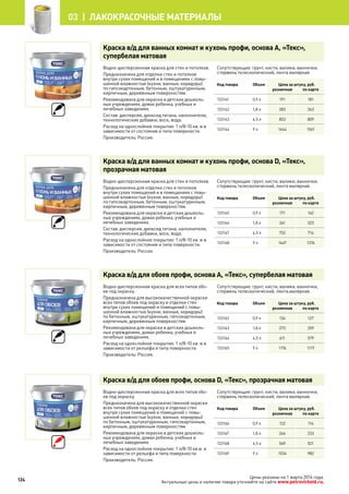 Краска в/д для ванных комнат и кухонь профи, основа А, «Текс»,
супербелая матовая
Водно-дисперсионная краска для стен и потолков.
Предназначена для отделки стен и потолков
внутри сухих помещений и в помещениях с повы-
шенной влажностью (кухни, ванные, коридоры)
по гипсокартонным, бетонным, оштукатуренным,
кирпичным, деревянным поверхностям.
Рекомендована для окраски в детских дошколь-
ных учреждениях, домах ребенка, учебных и
лечебных заведениях.
Состав: дисперсия, диоксид титана, наполнители,
технологические добавки, воск, вода.
Расход на однослойное покрытие: 1 л/8-10 кв. м в
зависимости от состояния и типа поверхности.
Производитель: Россия.
Сопутствующие: грунт, кисти, валики, ванночки,
стержень телескопический, лента малярная.
Код товара Объем Цена за штуку, руб.
розничная по карте
133141 0,9 л 191 181
133142 1,8 л 383 363
133143 4,5 л 853 809
133144 9 л 1644 1561
Краска в/д для ванных комнат и кухонь профи, основа D, «Текс»,
прозрачная матовая
Водно-дисперсионная краска для стен и потолков.
Предназначена для отделки стен и потолков
внутри сухих помещений и в помещениях с повы-
шенной влажностью (кухни, ванные, коридоры)
по гипсокартонным, бетонным, оштукатуренным,
кирпичным, деревянным поверхностям.
Рекомендована для окраски в детских дошколь-
ных учреждениях, домах ребенка, учебных и
лечебных заведениях.
Состав: дисперсия, диоксид титана, наполнители,
технологические добавки, воск, вода.
Расход на однослойное покрытие: 1 л/8-10 кв. м в
зависимости от состояния и типа поверхности.
Производитель: Россия.
Сопутствующие: грунт, кисти, валики, ванночки,
стержень телескопический, лента малярная.
Код товара Объем Цена за штуку, руб.
розничная по карте
133145 0,9 л 171 162
133146 1,8 л 341 323
133147 4,5 л 752 714
133148 9 л 1447 1374
Краска в/д для обоев профи, основа A, «Текс», супербелая матовая
Водно-дисперсионная краска для всех типов обо-
ев под окраску.
Предназначена для высококачественной окраски
всех типов обоев под окраску и отделки стен
внутри сухих помещений и помещений с повы-
шенной влажностью (кухни, ванные, коридоры)
по бетонным, оштукатуренным, гипсокартонным,
кирпичным, деревянным поверхностям.
Рекомендована для окраски в детских дошколь-
ных учреждениях, домах ребенка, учебных и
лечебных заведениях.
Расход на однослойное покрытие: 1 л/8-10 кв. м в
зависимости от рельефа и типа поверхности.
Производитель: Россия.
Сопутствующие: грунт, кисти, валики, ванночки,
стержень телескопический, лента.малярная.
Код товара Объем Цена за штуку, руб.
розничная по карте
133162 0,9 л 134 127
133163 1,8 л 273 259
133164 4,5 л 611 579
133165 9 л 1176 1117
Краска в/д для обоев профи, основа D, «Текс», прозрачная матовая
Водно-дисперсионная краска для всех типов обо-
ев под окраску.
Предназначена для высококачественной окраски
всех типов обоев под окраску и отделки стен
внутри сухих помещений и помещений с повы-
шенной влажностью (кухни, ванные, коридоры)
по бетонным, оштукатуренным, гипсокартонным,
кирпичным, деревянным поверхностям.
Рекомендована для окраски в детских дошколь-
ных учреждениях, домах ребенка, учебных и
лечебных заведениях.
Расход на однослойное покрытие: 1 л/8-10 кв.м. в
зависимости от рельефа и типа поверхности.
Производитель: Россия.
Сопутствующие: грунт, кисти, валики, ванночки,
стержень телескопический, лента малярная.
Код товара Объем Цена за штуку, руб.
розничная по карте
133166 0,9 л 122 114
133167 1,8 л 246 233
133168 4,5 л 549 521
133169 9 л 1034 982
124
03 | лакокрасочные материалы
Цены указаны на 1 марта 2014 года.
Актуальные цены и наличие товара уточняйте на сайте www.petrovichstd.ru.
 