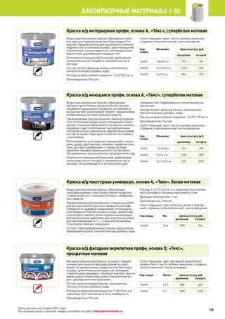 Краска в/д интерьерная профи, основа А, «Текс», супербелая матовая
Водно-дисперсионная краска, образующая мато-
вое прочное паропроницаемое («дышащее») по-
крытие. Предназначена для высококачественной
отделки стен и потолков внутри сухих помещений
по бетонным, оштукатуренным, гипсокартонным,
кирпичным, деревянным поверхностям.
Отличается повышенной белизной, удобной для
нанесения консистенцией и экономичностью в
расходе.
Состав: латекс, диоксид титана, наполнители,
технологические добавки, вода.
Расход на однослойное покрытие: 1 кг/7-8,5 кв. м.
Производитель: Россия.
Сопутствующие: грунт, кисти, валики, ванночки,
стержень телескопический, лента малярная.
Код
товара
Объем/вес Цена за штуку, руб.
розничная по карте
104031 1,8 л/2,7 кг 197 187
104032 16,2 л/24,5 кг 1454 1381
104033 9 л/13,6 кг 814 773
Краска в/д моющаяся профи, основа А, «Текс», супербелая матовая
Водно-дисперсионная краска, образующая
матовое светостойкое износостойкое паропро-
ницаемое («дышащее») покрытие, устойчивое к
мытью мягкой поролоновой губкой с применением
неабразивных бытовых моющих средств.
Предназначена для высококачественной отделки
стен и потолков внутри сухих помещений и поме-
щений с повышенной влажностью (кухни, ванные,
коридоры и др.) по бетонным, оштукатуренным,
гипсокартонным, кирпичным, деревянным поверх-
ностям, а также структурно-волокнистых обоев и
стеклообоев.
Рекомендована для окраски помещений в санато-
риях, домах престарелых, лечебно-профилактиче-
ских, детских учреждениях, а также на пред-
приятиях пищевой промышленности, бытового
обслуживания, промышленных предприятиях и др.
Отличается повышенной белизной, удобной для
нанесения консистенцией и экономичностью в
расходе. Не рекомендуется использовать для
поверхностей, подверженных интенсивному за-
грязнению.
Состав: латекс, диоксид титана, наполнители,
технологические добавки, вода.
Расход на однослойное покрытие: 1 кг/8,5-10 кв. м
Производитель: Россия.
Сопутствующие: грунт, кисти, валики, ванночки,
стержень телескопический, лента малярная.
Код
товара
Объем/вес Цена за штуку, руб.
розничная по карте
104051 1,8 л/2,8 кг 314 298
104045 9 л/14,2 кг 1324 1257
104044 16,2 л/25,6 кг 2371 2252
Краска в/д текстурная универсал, основа А, «Текс», белая матовая
Водно-дисперсионная краска, образующая
паропроницаемое, атмосферостойкое покрытие,
стойкое к мытью с помощью бытовых, неабразив-
ных средств.
Предназначена для внутренних и наружных работ
для декоративной отделки и придания рельефа
поверхности зданий и сооружений, по минераль-
ным поверхностям (бетонные основы, цементные
штукатурки, кирпич), ранее окрашенными водно-
дисперсионными красками, для отделочных работ
внутри помещений, в т.ч. с повышенной влажно-
стью (кухни, ванные, коридоры).
Состав: стиролакрилатная дисперсия, наполнители
(мраморная крошка), технологические добавки, вода.
Расход: 1 кг/1,5-2,5 кв. м в зависимости от желае-
мого рельефа и толщины наносимого слоя.
Фракция наполнителя: 1 мм.
Производитель: Россия.
Сопутствующие: грунт,шпатель, валик структур-
ный, стержень телескопический , лента малярная.
Код товара Вес Цена за штуку, руб.
розничная по карте
104058 16 кг 1006 954
Краска в/д фасадная акрилатная профи, основа D, «Текс»,
прозрачная матовая
Фасадная акрилатная краска, основа D. Предна-
значена для окраски фасадов зданий и соору-
жений по минеральным поверхностям (бетонные
основы, цементные штукатурки, не глянцевая
строительная керамика, глиняный кирпич), прочно
держащимся покрытиям, ранее окрашенным во-
дно- дисперсионными красками.
Состав: акрилатная дисперсия, наполнители,
технологические добавки, вода.
Расход на однослойное покрытие: 1 л/6-8 кв. м в
зависимости от состояния и типа поверхности.
Производитель: Россия.
Сопутствующие: грунт фасадный акрилатный
профи «Текс», кисти, валики, ванночки, стержень
телескопический, лента малярная.
Код товара Объем Цена за штуку, руб.
розничная по карте
104059 4,5 л 658 624
104060 9 л 1302 1236
125
лакокрасочные материалы  | 03
Цены указаны на 1 марта 2014 года.
Актуальные цены и наличие товара уточняйте на сайте www.petrovichstd.ru.
 
