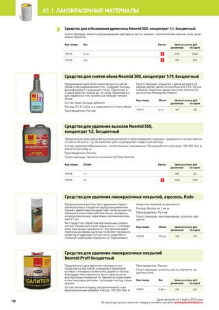Сопутствующие: емкость для разведения препарата, кисти, валики с синтетическим ворсом, очки, рези-
новые перчатки.
Код товара Вес Баллы Цена за штуку, руб.
розничная по карте
107915 24 кг 5 2701 2563
107916 5 кг 4 709 673
Средство для снятия обоев Neomid 300, концентрат 1:19, бесцветный
Предназначен для облегчения процесса снятия
обоев и обеззараживания стен. Содержит биоцид,
дезинфицирует и защищает стены. Проникает в
старые обои на глубину до 10 слоев. Применяется
для обработки стен оклеенных любыми типами
обоев.
Состав: вода, биоцид, добавки.
Расход: 0,1-0,3 л/кв. м в зависимости от типа обоев.
Производитель: Россия.
Сопутствующие: корщетка с дерев.ручкой 6-ти
рядная, валик, валик игольчатый для ГКЛ 150 мм,
шпатель, перчатки, защитные очки, пленка п/э,
антисептик Неомид Bio Ремонт.
Код товара Объем Цена за штуку, руб.
розничная по карте
107917 0,5 л 109 103
Средство для удаления высолов Neomid 550,
концентрат 1:2, бесцветный
Предназначен для удаления высолов различного происхождения с кирпича, природного и искусственно-
го камня, бетона и т. д. Не изменяет цвет, не разрушает кладочный раствор.
Состав: комплексообразователь, этиленгликоль, смачиватель. Расход рабочего раствора: 150-250 г/кв. м
или 0,13-0,23 л/кв. м.
Производитель: Россия.
Сопутствующие: пропитка по камню H2
O Stop Neomid.
Код товара Объем Баллы Цена за штуку, руб.
розничная по карте
107918 1 л 359 341
107919 5 л 5 1369 1299
Средство для удаления лакокрасочных покрытий, аэрозоль, Kudo
Предназначена для быстрого удаления старого
лакокрасочного покрытия перед окрашиванием.
Смывка эффективно воздействует на большинство
лакокрасочных покрытий (масляные, алкидные,
нитроцеллюлозные, акриловые, меламиноалкид-
ные и т. д.).
Не стекает при обработке вертикальных поверх-
ностей. Применяется для наружных и – с соблюде-
нием мер предосторожности – внутренних работ.
Аэрозольная форма выпуска позволяет проникать
средству в труднодоступные места изделий со
сложной геометрией поверхности. Порошковые
покрытия смывкой не удаляются.
Расход: баллон на 2 кв. м.
Производитель: Россия.
Сопутствующие: лента малярная, шпатель, кор-
щетка.
Код товара Объем Цена за штуку, руб.
розничная по карте
107920 520 мл 136 129
Средство для удаления лакокрасочных покрытий
Neomid Proff бесцветный
Предназначен для удаления лакокрасочных
покрытий на масляной, алкидной и акриловой
основах с поверхности металла, дерева и бетона.
Благодаря тиксотропности легко наносится на
вертикальные поверхности. Удалитель агрессивен
к пластмасовым деталям – разъедает их под слоем
краски.
Состав: метиленхлорид, изопропиловый спирт,
функциональные добавки. Расход: 150-200 г/кв. м.
Производитель: Россия.
Сопутствующие: шпатель, кисть, перчатки, за-
щитные очки.
Код товара Вес Цена за штуку, руб.
розничная по карте
107921 0,85 кг 276 262
Средство для отбеливания древесины Neomid 500, концентрат 1:1, бесцветный
138
03 | лакокрасочные материалы
Цены указаны на 1 марта 2014 года.
Актуальные цены и наличие товара уточняйте на сайте www.petrovichstd.ru.
 