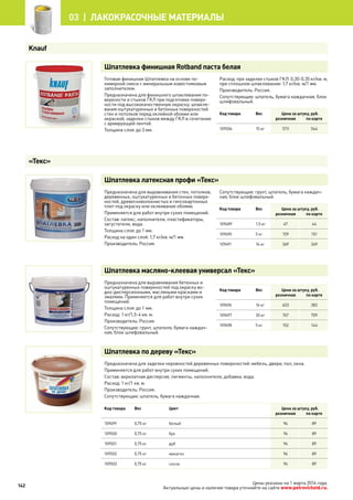 Шпатлевка финишная Rotband паста белая
Готовая финишная Шпатлевка на основе по-
лимерной смеси с минеральным известняковым
заполнителем.
Предназначена для финишного шпаклевания по-
верхности и стыков ГКЛ при подготовке поверх-
ности под высококачественную окраску; шпакле-
вания оштукатуренных и бетонных поверхностей
стен и потолков перед оклейкой обоями или
окраской; заделки стыков между ГКЛ в сочетании
с армирующей лентой.
Толщина слоя: до 3 мм.
Расход: при заделке стыков ГКЛ: 0,30-0,35 кг/кв. м,
при сплошном шпаклевании: 1,7 кг/кв. м/1 мм.
Производитель: Россия.
Сопутствующие: шпатель, бумага наждачная, блок
шлифовальный.
Код товара Вес Цена за штуку, руб.
розничная по карте
109506 15 кг 573 544
Шпатлевка латексная профи «Текс»
Предназначена для выравнивания стен, потолков,
деревянных, оштукатуренных и бетонных поверх-
ностей, древесноволокнистых и гипсокартонных
плит под окраску или оклеивание обоями.
Применяется для работ внутри сухих помещений.
Состав: латекс, наполнители, пластификаторы,
загустители, вода.
Толщина слоя: до 1 мм.
Расход на один слой: 1,7 кг/кв. м/1 мм.
Производитель: Россия.
Сопутствующие: грунт, шпатель, бумага наждач-
ная, блок шлифовальный.
Код товара Вес Цена за штуку, руб.
розничная по карте
109489 1,5 кг 47 44
109490 5 кг 159 151
109491 16 кг 369 349
Шпатлевка масляно-клеевая универсал «Текс»
Предназначена для выравнивания бетонных и
оштукатуренных поверхностей под окраску во-
дно-дисперсионными, масляными красками и
эмалями. Применяется для работ внутри сухих
помещений.
Толщина слоя: до 1 мм.
Расход: 1 кг/1,5-4 кв. м.
Производитель: Россия.
Сопутствующие: грунт, шпатели, бумага наждач-
ная, блок шлифовальный.
Код товара Вес Цена за штуку, руб.
розничная по карте
109496 16 кг 403 382
109497 30 кг 747 709
109498 5 кг 152 144
Шпатлевка по дереву «Текс»
Предназначена для заделки неровностей деревянных поверхностей: мебель, двери, пол, окна.
Применяется для работ внутри сухих помещений.
Состав: акрилатная дисперсия, пигменты, наполнители, добавки, вода.
Расход: 1 кг/1 кв. м.
Производитель: Россия.
Сопутствующие: шпатель, бумага наждачная.
Код товара Вес Цвет Цена за штуку, руб.
розничная по карте
109499 0,75 кг белый 94 89
109500 0,75 кг бук 94 89
109501 0,75 кг дуб 94 89
109502 0,75 кг махагон 94 89
109503 0,75 кг сосна 94 89
Knauf
«Текс»
142
03 | лакокрасочные материалы
Цены указаны на 1 марта 2014 года.
Актуальные цены и наличие товара уточняйте на сайте www.petrovichstd.ru.
 