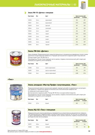 Эмаль ПФ-115 «Дитекс» глянцевая
Код товара Вес Цвет Цена за штуку, руб.
розничная по карте
125230 2,6 кг коричневый 324 307
125231 26 кг коричневый 2773 2634
125233 2,6 кг красный 351 333
125244 2,6 кг салатовый 351 333
125245 2,6 кг серый 324 307
125246 26 кг серый 2773 2634
125250 2,6 кг синий 351 333
125251 26 кг синий 3071 2917
125253 2,6 кг черный 324 307
125254 26 кг черный 2773 2634
Эмаль ПФ-266 «Дитекс»
Эмаль алкидная. Предназначена для покрытия окрашенных и неокрашенных деревянных полов по пред-
варительно загрунтованной поверхности. Подходит для внутренних и наружных работ (под навесом).
Расход на один слой: 120-200 г/кв. м.
Производитель: Россия. Сопутствующие: кисти, валики, стержень телескопический, уайт-спирит для
промывки инструмента, лента малярная.
Код товара Вес Цвет Цена за штуку, руб.
розничная по карте
125258 2,6 кг желто-коричневый 294 279
125259 2,6 кг красно-коричневый 294 279
125260 26 кг красно-коричневый 2438 2316
Эмаль алкидная «Мастер Профи» полуглянцевая, «Текс»
Предназначена для окраски оконных рам и дверей, подходит для работ по деревянным, оштукатурен-
ным, древесно-стружечным, древесно-волокнистым и металлическим поверхностям.
Не применяется для окраски полов.
Для внутренних и наружных работ. Расход: 80-120 г/кв. м на однослойное покрытие.
Производитель: Россия. Сопутствующие: кисти, валики, стержень телескопический, уайт-спирит для
промывки инструмента, лента малярная.
Код товара Вес Цвет Цена за штуку, руб.
розничная по карте
125163 3,7 кг белый 833 791
Эмаль НЦ-132 «Текс» глянцевая
Предназначена для окраски деревянных и предварительно загрунтованных металлических поверхно-
стей. Для внутренних и наружных работ. Расход на однослойное покрытие: 30-120 г/кв. м в зависимости
от цвета. Производитель: Россия. Сопутствующие: кисти, валики, ванночки, стержень телескопический,
растворитель 646, лента малярная.
Код товара Вес Цвет Цена за штуку, руб.
розничная по карте
125199 0,8 кг белый 152 144
125200 0,8 кг зеленый 159 151
«Текс»
149
лакокрасочные материалы  | 03
Цены указаны на 1 марта 2014 года.
Актуальные цены и наличие товара уточняйте на сайте www.petrovichstd.ru.
 