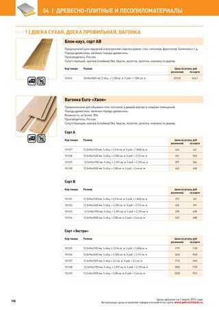 04 | 1 | Доска сухая, доска профильная, вагонка
Блок-хауз, сорт АВ
Предназначен для наружной и внутренней отделки домов: стен, потолков, фронтонов, балконов и т. д.
Порода древесины: хвойные породы древесины.
Производитель: Россия.
Сопутствующие: крепеж (кляймер) №4, брусок, молоток, рулетка, ножовка по дереву.
Код товара Размер Цена за штуку, руб.
розничная по карте
101016 20х96х3000 мм, S общ. = 1,728 кв. м, S раб. = 1.584 кв. м 679,35 644,7
Вагонка Euro «Хвоя»
Предназначена для обшивки стен, потолков и дверей внутри и снаружи помещений.
Порода древесины: хвойные породы древесины.
Влажность: не более 18%.
Производитель: Россия.
Сопутствующие: крепеж (кляймер) №4, брусок, молоток, рулетка, ножовка по дереву.
Сорт А
Код товара Размер Цена за штуку, руб.
розничная по карте
101327 12,5х96х2100 мм, S общ. = 2,016 кв. м, S раб. = 1,848 кв. м 464 441
101328 12,5х96х2400 мм, S общ. = 2,304 кв. м, S раб. = 2,112 кв. м 531 503
101329 12,5х96х2700 мм, S общ. = 2,592 кв. м, S раб. = 2,376 кв. м 597 566
101330 12,5х96х3000 мм, S общ. = 2,88 кв. м, S раб. = 2,64 кв. м 662 628
Сорт В
Код товара Размер Цена за штуку, руб.
розничная по карте
101331 12,5х96х2100 мм, S общ. = 2,016 кв. м, S раб. = 1,848 кв. м 373 341
101332 12,5х96х2400 мм, S общ. = 2,304 кв. м, S раб. = 2,112 кв. м 426 391
101333 12,5х96х2700 мм, S общ. = 2,592 кв. м, S раб. = 2,376 кв. м 478 438
101334 12,5х96х3000 мм, S общ. = 2,88 кв. м, S раб. = 2,64 кв. м 533 488
Сорт «Экстра»
Код товара Размер Цена за штуку, руб.
розничная по карте
101335 12,5х96х2100 мм, S общ. = 2,016 кв. м, S раб. = 1,848 кв. м 1179 1120
101336 12,5х96х2400 мм, S общ. = 2,304 кв. м, S раб. = 2,112 кв. м 1644 1545
101337 12,5х96х2500 мм, S общ. = 2,4 кв. м, S раб. = 2,2 кв. м 1712 1610
101338 12,5х96х2700 мм, S общ. = 2,592 кв. м, S раб. = 2,376 кв. м 1850 1739
101339 12,5х96х3000 мм, S общ. = 2,88 кв. м, S раб. = 2,64 кв. м 2055 1931
158
04  |  ДРЕВЕСНО-ПЛИТНЫЕ И ЛЕСОПИЛОМАТЕРИАЛЫ
Цены указаны на 1 марта 2014 года.
Актуальные цены и наличие товара уточняйте на сайте www.petrovichstd.ru.
 