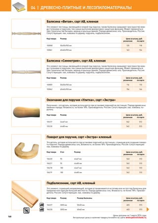 Балясина «Витая», сорт АВ, клееная
Это элемент лестницы, являющийся опорой под поручни, также балясина закрывает пространство меж-
ду ступенями и поручнем, тем самым выполняя декоративно-защитную функцию. Может применяться
при строительстве беседок, веранд и крыльца здания. Порода древесины: ель. Производитель: Россия.
Сопутствующие: лак, ножовка по дереву, поручень, подбалясенник.
Код товара Размер Цена за штуку, руб.
розничная по карте
100858 50х50х900 мм 125 118
100861 60х60х900 мм 163 154
Балясина «Симметрия», сорт АВ, клееная
Это элемент лестницы, являющийся опорой под поручни, также балясина закрывает пространство меж-
ду ступенями и поручнем, тем самым выполняя декоративно-защитную функцию. Может применяться
при строительстве беседок, веранд и крыльца здания. Порода древесины: ель. Производитель: Россия.
Сопутствующие: лак, ножовка по дереву, поручень, подбалясенник.
Код товара Размер Цена за штуку, руб.
розничная по карте
100859 50х50х900 мм 116 110
100862 60х60х900 мм 154 146
Окончание для поручня «Улитка», сорт «Экстра»
Окончание – это деталь, которая используется при установке поручней на лестницах. Порода древесины:
хвойные породы. Влажность: не более 18%. Производитель: Россия. Сопутствующие: лак, ножовка, по-
ручень.
Код товара Размер Цена за штуку, руб.
розничная по карте
105317 44х67 мм 542 513
105318 44х80 мм 542 513
Поворот для поручня, сорт «Экстра» клееный
Это деталь, которая используется при установке поручней на лестницах, служащая для создания поворо-
та поручня. Порода древесины: ель. Влажность: не более 18%. Производитель: Россия. Сопутствующие:
лак, ножовка по дереву.
Код товара Угол Размер Цена за штуку, руб.
розничная по карте
106220 90 44х67 мм 542 513
106221 90 44х80 мм 542 513
106218 180 44х67 мм 542 513
106219 180 44х80 мм 542 513
Подбалясенник, сорт АВ, клееный
Это элемент, служащий направляющей, которая устанавливается на тетиву или на пол под балясины для
придания конструкции большей жесткости. Порода древесины: ель. Влажность: не более 18%. Произво-
дитель: Россия. Сопутствующие: лак, ножовка по дереву.
Код товара Размер Размер балясины Цена за штуку, руб.
розничная по карте
106227 3000 мм 50х50 мм 603 573
106228 3000 мм 60х60 мм 603 573
168
04  |  ДРЕВЕСНО-ПЛИТНЫЕ И ЛЕСОПИЛОМАТЕРИАЛЫ
Цены указаны на 1 марта 2014 года.
Актуальные цены и наличие товара уточняйте на сайте www.petrovichstd.ru.
 