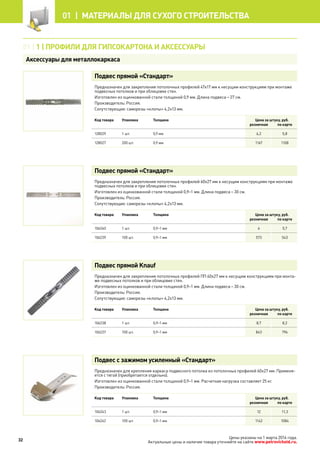 Подвес прямой «Стандарт»
Предназначен для закрепления потолочных профилей 47х17 мм к несущим конструкциям при монтаже
подвесных потолков и при облицовке стен.
Изготовлен из оцинкованной стали толщиной 0,9 мм. Длина подвеса – 27 см.
Производитель: Россия.
Сопутствующие: саморезы «клопы» 4,2х13 мм.
Код товара Упаковка Толщина Цена за штуку, руб.
розничная по карте
128029 1 шт. 0,9 мм 6,2 5,8
128027 200 шт. 0,9 мм 1167 1108
Подвес прямой «Стандарт»
Предназначен для закрепления потолочных профилей 60х27 мм к несущим конструкциям при монтаже
подвесных потолков и при облицовке стен.
Изготовлен из оцинкованной стали толщиной 0,9–1 мм. Длина подвеса – 30 см.
Производитель: Россия.
Сопутствующие: саморезы «клопы» 4,2х13 мм.
Код товара Упаковка Толщина Цена за штуку, руб.
розничная по карте
106240 1 шт. 0,9–1 мм 6 5,7
106239 100 шт. 0,9–1 мм 573 543
Подвес прямой Knauf
Предназначен для закрепления потолочных профилей ПП 60х27 мм к несущим конструкциям при монта-
же подвесных потолков и при облицовке стен.
Изготовлен из оцинкованной стали толщиной 0,9–1 мм. Длина подвеса – 30 см.
Производитель: Россия.
Сопутствующие: саморезы «клопы» 4,2х13 мм.
Код товара Упаковка Толщина Цена за штуку, руб.
розничная по карте
106238 1 шт. 0,9–1 мм 8,7 8,2
106237 100 шт. 0,9–1 мм 843 794
Подвес с зажимом усиленный «Стандарт»
Предназначен для крепления каркаса подвесного потолка из потолочных профилей 60х27 мм. Применя-
ется с тягой (приобретается отдельно).
Изготовлен из оцинкованной стали толщиной 0,9–1 мм. Расчетная нагрузка составляет 25 кг.
Производитель: Россия.
Код товара Упаковка Толщина Цена за штуку, руб.
розничная по карте
106243 1 шт. 0,9–1 мм 12 11,3
106242 100 шт. 0,9–1 мм 1142 1084
01 | 1 | профили для ГИПСОКАРТОНА И АКСЕССУАРЫ
Аксессуары для металлокаркаса
32
01 |  МАТЕРИАЛЫ для сухого строительства
Цены указаны на 1 марта 2014 года.
Актуальные цены и наличие товара уточняйте на сайте www.petrovichstd.ru.
 