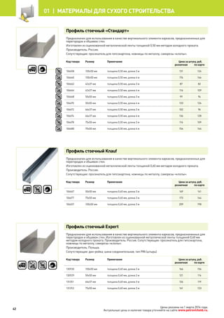 Профиль стоечный «Стандарт»
Предназначен для использования в качестве вертикального элемента каркасов, предназначенных для
перегородок и обшивок стен.
Изготовлен из оцинкованной металлической ленты толщиной 0,50 мм методом холодного проката.
Производитель: Россия.
Сопутствующие: просекатель для гипсокартона, ножницы по металлу, саморезы «клопы».
Код товара Размер Примечание Цена за штуку, руб.
розничная по карте
106658 100х50 мм толщина 0,50 мм, длина 3 м 131 124
106660 100х50 мм толщина 0,50 мм, длина 4 м 176 166
106662 42х37 мм толщина 0,50 мм, длина 3 м 87 82
106664 42х37 мм толщина 0,50 мм, длина 4 м 116 109
106668 50х50 мм толщина 0,50 мм, длина 3 м 99 94
106670 50х50 мм толщина 0,50 мм, длина 4 м 133 126
106672 66х37 мм толщина 0,50 мм, длина 3 м 102 96
106674 66х37 мм толщина 0,50 мм, длина 4 м 136 128
106678 75х50 мм толщина 0,50 мм, длина 3 м 116 109
106680 75х50 мм толщина 0,50 мм, длина 4 м 154 146
Профиль стоечный Knauf
Предназначен для использования в качестве вертикального элемента каркасов, предназначенных для
перегородок и обшивок стен.
Изготовлен из оцинкованной металлической ленты толщиной 0,60 мм методом холодного проката.
Производитель: Россия.
Сопутствующие: просекатель для гипсокартона, ножницы по металлу, саморезы «клопы».
Код товара Размер Примечание Цена за штуку, руб.
розничная по карте
106667 50х50 мм толщина 0,60 мм, длина 3 м 149 141
106677 75х50 мм толщина 0,60 мм, длина 3 м 173 164
106657 100х50 мм толщина 0,60 мм, длина 3 м 209 198
Профиль стоечный Expert
Предназначен для использования в качестве вертикального элемента каркасов, предназначенных для
перегородок и обшивок стен. Изготовлен из оцинкованной металлической ленты толщиной 0,60 мм
методом холодного проката. Производитель: Россия. Сопутствующие: просекатель для гипсокартона,
ножницы по металлу, саморезы «клопы».
Производитель: Польша.
Сопутствующие: дин-рейка; шина соединительная, тип PIN (штырь).
Код товара Размер Примечание Цена за штуку, руб.
розничная по карте
130930 100х50 мм толщина 0,60 мм, длина 3 м 166 156
130929 50х50 мм толщина 0,60 мм, длина 3 м 121 114
131251 66х37 мм толщина 0,60 мм, длина 3 м 126 119
131253 75х50 мм толщина 0,60 мм, длина 3 м 141 133
42
01 |  МАТЕРИАЛЫ для сухого строительства
Цены указаны на 1 марта 2014 года.
Актуальные цены и наличие товара уточняйте на сайте www.petrovichstd.ru.
 