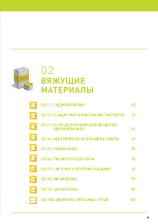 02 | 1 | ГИДРОИЗОЛЯЦИЯ	 57
02 | 2 | КЛАДОЧНЫЕ И МОНТАЖНЫЕ РАСТВОРЫ	 63
02 | 3 | КЛЕИ ДЛЯ КЕРАМИЧЕСКОЙ ПЛИТКИ,
КЕРАМОГРАНИТА	65
02 | 4 | ОГНЕУПОРНЫЕ И ПЕЧНЫЕ РАСТВОРЫ	 69
02 | 5 | РЕМСОСТАВЫ	70
02 | 6 | РОВНИТЕЛИ ДЛЯ ПОЛА	 71
02 | 7 | СИСТЕМЫ УТЕПЛЕНИЯ ФАСАДОВ	 74
02 | 8 | ШПАКЛЕВКИ	77
02 | 9 | ШТУКАТУРКИ	80
02 | 10 | цементно-песчаные смеси	 82
5353
 