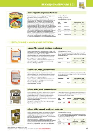 Цены указаны на 1 марта 2014 года.
Актуальные цены и наличие товара уточняйте на сайте www.petrovichstd.ru.
Лента гидроизоляционная Nicoband
Самоклеящаяся герметизирующая и гидроизоли-
рующая битумно-полимерная лента.
Предназначена для использования при ремонте
и строительстве зданий и сооружений как внутри
помещений, так и снаружи. Используется для
герметизации швов и стыков в конструкциях из
бетона, металла, дерева, пластика и т.д., устрой-
стве примыканий на плоских и скатных кровлях,
ремонте кровель, систем водостока, герметизации
монтажных швов, гидроизоляции металлических
труб холодного водоснабжения, герметизации
мест стыков, гидроизоляции деревянных изделий
в бетонных конструкциях (оконные и дверные
блоки), шумо- виброизоляции металлических сан-
технических изделий (раковины, ванны). Исполь-
зуется при герметизации монтажных швов при
устройстве дренажного слоя из профилированных
мембран Planter.
Размер: 3 м х 10 см.
Производитель: Россия.
Код
товара
Цвет Цена за штуку, руб.
розничная по карте
104478 зеленый 262 248
104479 коричневый 262 248
104480 красный 262 248
104481 серебристый 262 248
«Аэрок ГБ» зимний, клей для газобетона
Сухая кладочная смесь на цементной основе с до-
бавлением в состав противоморозной добавки, что
позволяет вести работы при t до -15°C.
Предназначена для тонкошовной кладки газобе-
тонных, пенобетонных, газосиликатных блоков,
для внутренних и наружных работ.
Тонкий клеевой шов позволяет максимально со-
кратить суммарную площадь мостиков холода.
Расход: ~25 кг/куб. м блоков.
Производитель: Россия.
Сопутствующие: кельма бетонщика, шпатель зуб-
чатый, уровень, миксер для цементных растворов,
контейнер, ведро.
Код товара Вес Цена за мешок, руб.
розничная по карте
115094 25 кг 242 229
«Аэрок ГБ», клей для газобетона
Сухая кладочная смесь на цементной основе.
Предназначена для тонкошовной кладки газобе-
тонных, пенобетонных, газосиликатных блоков,
для внутренних и наружных работ.
Тонкий клеевой шов позволяет максимально со-
кратить суммарную площадь мостиков холода.
Расход: ~25 кг/куб. м блоков.
Производитель: Россия.
Сопутствующие: кельма бетонщика, шпатель зуб-
чатый, уровень, миксер для цементных растворов,
контейнер, ведро.
Код товара Вес Цена за мешок, руб.
розничная по карте
115093 25 кг 182 172
«Крепс КГБ», клей для газобетона
Сухая строительная смесь, состоящая из цемента,
мелкозернистого фракционированного песка,
модифицированная специальными добавками.
Предназначена для кладки плит и блоков из
ячеистого бетона с использованием минимального
количества материала.
Расход: 1,6 кг/кв. м/мм, 25 кг на ~1 куб. м кладки.
Производитель: Россия.
Сопутствующие: кельма бетонщика или каменщи-
ка, шпатель зубчатый 6 мм, миксер для цементных
растворов, контейнер, ведро.
Код
товара
Вес Баллы Цена за мешок, руб.
розничная по карте
104164 25 кг 1 199 153
«Крепс КГБ» зимний, клей для газобетона
Сухая строительная смесь, состоящая из цемента,
мелкозернистого фракционированного песка,
модифицированная специальными добавками,
включая противоморозную добавку, что позволяет
вести работы при t до -10°C.
Предназначена для кладки плит и блоков из
ячеистого бетона и силикатных блоков с использо-
ванием минимального количества материала.
Расход: 1,6 кг/кв. м/мм, 25 кг на ~1 куб. м кладки.
Производитель: Россия.
Сопутствующие: кельма бетонщика или каменщи-
ка, шпатель зубчатый 6 мм, миксер для цементных
растворов, контейнер, ведро.
Код
товара
Вес Баллы Цена за мешок, руб.
розничная по карте
131875 25 кг 1 221 204
02 | 2 | КЛАДОЧНЫЕ И МОНТАЖНЫЕ РАСТВОРЫ
63
Вяжущие материалы |  02
 