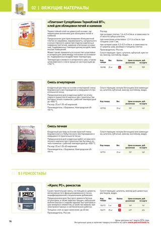 Цены указаны на 1 марта 2014 года.
Актуальные цены и наличие товара уточняйте на сайте www.petrovichstd.ru.
02 | 5 | РЕМСОСТАВЫ
«Плитонит СуперКамин ТермоКлей ВТ»,
клей для облицовки печей и каминов
Термостойкий клей на цементной основе с ар-
мирующими волокнами для облицовки печей и
каминов.
Предназначен для приклеивания облицовочной
плитки из керамики, керамогранита, натурального
и искусственного камня при отделке кирпичных
поверхностей печей, каминов и бетонных основа-
ний, подверженных температурному воздействию
внутри помещений.
Может также применяться в качестве шпаклевки
и затирки для швов между плитками на основани-
ях, подверженных воздействию температуры.
Температура клеевого и затирочного шва, а также
шпаклевочного слоя в процессе эксплуатации до
+150 °С.
Расход:
при укладке плитки: 1,4–4,5 кг/кв.м. в зависимости
от высоты зубца шпателя,
при нанесении шпаклевки: 1,2–1,4 кг/кв.м. при
толщине слоя 1 мм,
при затирке швов: 0,3–0,5 кг/кв.м. в зависимости
от ширины шва, размера и толщины плитки.
Производитель: Россия.
Сопутствующие: грунт, шпатель зубчатый, крести-
ки, миксер, контейнер, ведро.
Код
товара
Вес Баллы Цена за мешок, руб.
розничная по карте
106188 25 кг 4 779 709
Смесь огнеупорная
Кладочный раствор на основе огнеупорной глины
Боровичского месторождения и кварцевого (стро-
ительного) песка.
Предназначена для кладочных работ из огнеу-
порного (шамотного) кирпича при строительстве
бытовых печей и каминов с рабочей температурой
до +850 °С.
Расход: 25 кг/~35–40 кирпичей.
Производитель: г.Боровичи, Новгородская об-
ласть.
Сопутствующие: кельма бетонщика или каменщи-
ка, шпатель зубчатый, миксер, контейнер, ведро.
Код товара Вес Цена за мешок, руб.
розничная по карте
107750 25 кг 157 149
Смесь печная
Кладочный раствор на основе красной глины
Боровичского и Любытинского месторождения и
кварцевого (строительного) песка.
Предназначена для кладочных работ из красного
печного кирпича при строительстве бытовых пе-
чей и каминов с рабочей температурой до +850 °С.
Расход: 25 кг/~35-40 кирпичей.
Производитель: г.Боровичи, Новгородская об-
ласть.
Сопутствующие: кельма бетонщика или каменщи-
ка, шпатель зубчатый, миксер, контейнер, ведро.
Код товара Вес Цена за мешок, руб.
розничная по карте
107751 25 кг 157 149
«Крепс РС», ремсостав
Сухая строительная смесь, состоящая из цемента,
мелкозернистого фракционированного песка,
модифицированная специальными добавками.
Предназначена для: быстрого ремонта бетона,
штукатурки, а также заделки трещин, небольших
выбоин внутри и снаружи зданий; быстрой фикса-
ции анкерных элементов; устройства маяков; при
электромонтажных и сантехнических работах.
Толщина слоя за одно нанесение: до 40 мм.
Производитель: Россия.
Сопутствующие: шпатель, миксер для цементных
растворов, ведро.
Код
товара
Вес Баллы Цена за мешок, руб.
розничная по карте
104172 5 кг 1 149 141
104171 25 кг 1 437 414
70
02 |  Вяжущие материалы
 