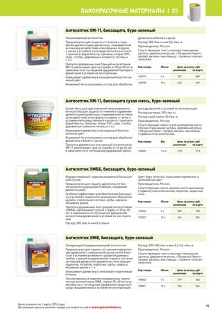 Антисептик ХМ-11, биозащита, буро-зеленый
Невымываемый антисептик.
Предназначен для защиты от гниения и пора-
жения древоточцами древесины, подверженной
активному воздействию атмосферных осадков,
а также в условиях непосредственного контакта
с грунтом и водой (мосты, причалы, опоры ЛЭП,
сваи, столбы, деревянные элементы теплиц и
т. п.).
Пропитка деревянных конструкций антисептиком
ХМ-11 увеличивает срок их службы от 25 до 50 лет в
зависимости от поглощения (удержания) препарата
древесиной и условий ее эксплуатации.
Окрашивает древесину в насыщенный болотно-зе-
леный цвет.
Внимание! Не использовать состав для обработки
древесины в банях и саунах.
Расход: 500 г/кв. м или 0,5 л/кв. м.
Производитель: Россия.
Сопутствующие: кисть плоская (смешанная
щетина, деревянная ручка, «Лазурный берег»
профи), валики, макловица, стержень телеско-
пический.
Код товара Объем Цена за штуку, руб.
розничная по карте
100799 5 л 327 309
100798 10 л 653 619
Антисептик ХМ-11, биозащита сухая смесь, буро-зеленый
Сухая смесь для приготовления невымываемого
антисептика для защиты от гниения и поражения
древоточцами древесины, подверженной активно-
му воздействию атмосферных осадков, а также в
условиях непосредственного контакта с грунтом и
водой (мосты, причалы, опоры ЛЭП, сваи, столбы,
деревянные элементы теплиц и т. п.).
Окрашивает древесину в насыщенный болотно-
зеленый цвет.
Внимание! Не использовать состав для обработки
древесины в банях и саунах.
Пропитка деревянных конструкций антисептиком
ХМ-11 увеличивает срок их службы от 25 до 50 лет
в зависимости от поглощения (удержания) препа-
рата древесиной и условий ее эксплуатации.
Расход раствора: 500 г/кв. м.
Расход сухой смеси: 50 г/кв. м.
Производитель: Россия.
Сопутствующие: емкость для разведения, кисть
плоская (смешанная щетина, деревянная ручка,
«Лазурный берег» профи), валики, макловица,
стержень телескопический.
Код товара Вес Цена за штуку, руб.
розничная по карте
100800 2,5 кг 1172 1113
Антисептик ХМББ, биозащита, буро-зеленый
Водорастворимый, трудновымываемый биозащит-
ный состав.
Предназначен для защиты древесины от био-
логического разрушения (гниения, поражения
древоточцами).
Особенно эффективен для обеспечения биозащи-
ты в условиях умеренного вымывания: обрешетка
кровли, стропильная система, срубы, каркасы
обшивных домов.
Пропитка деревянных конструкций антисептиком
«ХМББ» увеличивает срок их службы от 20 до 50
лет в зависимости от поглощения (удержания)
антисептика древесиной и условий ее эксплуата-
ции.
Расход: 500 г/кв. м или 0,5 л/кв.м.
Цвет: буро-зеленый, окрашивает древесину в
зеленоватый цвет.
Производитель: Россия.
Сопутствующие: кисти, валики, кисть макловица,
стержень телескопический, перчатки, защитные
очки.
Код товара Объем Цена за штуку, руб.
розничная по карте
133056 5 л 209 198
133057 10 л 416 394
Антисептик ХМФ, биозащита, буро-зеленый
Санирующий (оздоравливающий) антисептик.
Предназначен для защиты от гниения и древоточ-
цев древесины с повышенной пропиточной емко-
стью в условиях возможного развития домовых
грибов, санация (оздоровление) старой и частично
загнившей древесины: деревянные конструкции
подвалов, погребов, подполья, срубы, каркасы
обшивных домов и т. п.
Окрашивает древесину в зеленовато-коричневый
оттенок.
Лесоматериалы и изделия из древесины, пропи-
танные антисептиком ХМФ, служат 25–40 лет в за-
висимости от поглощения (удержания) защитного
средства древесиной и условий ее эксплуатации.
Расход: 500-600 г/кв. м или 0,5-0,6 л/кв. м.
Производитель: Россия.
Сопутствующие: кисть плоская (смешанная
щетина, деревянная ручка, «Лазурный берег»
профи), валики, макловица, стержень телеско-
пический.
Код товара Объем Цена за штуку, руб.
розничная по карте
100802 5 л 297 282
100801 10 л 594 564
91
лакокрасочные материалы  | 03
Цены указаны на 1 марта 2014 года.
Актуальные цены и наличие товара уточняйте на сайте www.petrovichstd.ru.
 