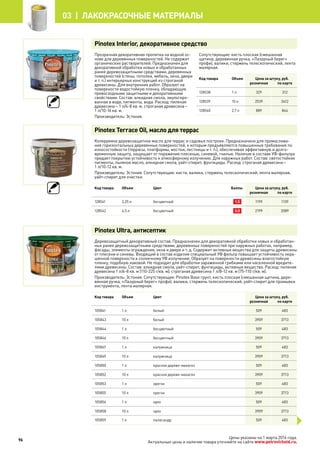 Pinotex Interior, декоративное средство
Прозрачная декоративная пропитка на водной ос-
нове для деревянных поверхностей. Не содержит
органических растворителей. Предназначен для
декоративной обработки новых и обработанных
ранее деревозащитными средствами, деревянных
поверхностей (стены, потолки, мебель, окна, двери
и т. п.) интерьерных конструкций из строганой
древесины. Для внутренних работ. Образует на
поверхности водостойкую пленку, обладающую
превосходными защитными и декоративными
свойствами. Состав: алкидная смола, эмульгиро-
ванная в воде, пигменты, вода. Расход: пиленая
древесина – 1 л/4-8 кв. м, строганая древесина –
1 л/10-16 кв. м.
Производитель: Эстония.
Сопутствующие: кисть плоская (смешанная
щетина, деревянная ручка, «Лазурный берег»
профи), валики, стержень телескопический, лента
малярная.
Код товара Объем Цена за штуку, руб.
розничная по карте
128538 1 л 329 312
128539 10 л 2539 2412
128540 2,7 л 889 844
Pinotex Terrace Oil, масло для террас
Колеруемое деревозащитное масло для террас и садовых построек. Предназначено для промаслива-
ния горизонтальных деревянных поверхностей, к которым предъявляются повышенные требования по
износостойкости (террасы, платформы, мостки, лестницы и т. п.), обеспечивая эффективную и долго-
временную защиту, защищает от поражения плесенью, синевой, гнилью. Наличие в составе УФ-фильтра
придает покрытию устойчивость к атмосферному излучению. Для наружных работ. Состав: светостойкие
пигменты, льняное масло, алкидная смола, уайт-спирит, фунгициды. Расход: строганая древесина –
1 л/10-12 кв. м.
Производитель: Эстония. Сопутствующие: кисти, валики, стержень телескопический, лента малярная,
уайт-спирит для очистки.
Код товара Объем Цвет Баллы Цена за штуку, руб.
розничная по карте
128541 2,25 л бесцветный 1,5 1199 1139
128542 4,5 л бесцветный 3,5 2199 2089
Pinotex Ultra, антисептик
Деревозащитный декоративный состав. Предназначен для декоративной обработки новых и обработан-
ных ранее деревозащитными средствами, деревянных поверхностей при наружных работах, например,
фасады, элементы ограждения, окна и двери и т. д. Содержит активные вещества для защиты древесины
от плесени и синевы. Входящий в состав изделия специальный УФ фильтр повышает устойчивость окра-
шенной поверхности к солнечному УФ излучению. Образует на поверхности древесины влагостойкую
пленку, подобную лаковой. Не подходит для обработки зараженной грибками или населенной вредите-
лями древесины. Состав: алкидная смола, уайт-спирит, фунгициды, активные вещества. Расход: пиленая
древесина 1 л/4-8 кв. м (110-225 г/кв. м); строганая древесина 1 л/8-12 кв. м (75-110 г/кв. м).
Производитель: Эстония. Сопутствующие: Pinotex Base грунт, кисть плоская (смешанная щетина, дере-
вянная ручка, «Лазурный берег» профи), валики, стержень телескопический, уайт-спирит для промывки
инструмента, лента малярная.
Код товара Объем Цвет Цена за штуку, руб.
розничная по карте
105841 1 л белый 509 483
105843 10 л белый 3909 3713
105844 1 л бесцветный 509 483
105846 10 л бесцветный 3909 3713
105847 1 л калужница 509 483
105849 10 л калужница 3909 3713
105850 1 л красное дерево-махагон 509 483
105852 10 л красное дерево-махагон 3909 3713
105853 1 л орегон 509 483
105855 10 л орегон 3909 3713
105856 1 л орех 509 483
105858 10 л орех 3909 3713
105859 1 л палисандр 509 483
96
03 | лакокрасочные материалы
Цены указаны на 1 марта 2014 года.
Актуальные цены и наличие товара уточняйте на сайте www.petrovichstd.ru.
 