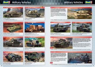 78 79
Military Vehicles Military Vehicles
03195 Sd.Kfz. 7/1 1:72
03251 PzKpfw III Ausf.L 1:72
03148 Sd.Kfz. 164 'Nashorn' 1:72
03305 M109 G 1:72
03207 Sd.Kfz. 7/2 1:72
03141 Sd.Kfz. 9 FAMO 1:72
03210 Sd.Kfz. 7  8,8 cm Flak 37 1:72
03144 Warrior MCV with Add-on Amour 1:72
03112 M 1 A1 (HA) Abrams 1:72
O 113 138 mm
*1989 (USA) 1100 kW ® 66 km/h 61,3 t 120 mm Glattrohrkanone/smooth bore gun  2 x 7,62 mm MH 4
Der M1 A1 (Heavy Armor) „Abrams“ ist derzeit
der modernste amerikanische Standardpanzer.
Er war bereits bei der Operation „Desert Storm“
im Einsatz und steht in dieser Version weiterhin
bei der US Army im Dienst.
The M1 A1 (heavy armour) “Abrams” is the most
state-of-the-art American standard tank of the
current era. It was already in use during Operation
“Desert Storm” and is still in use in the US Army in
this form.
03183 British Main Battle Tank Challenger I 1:72 03140 M60 A3 1:72
O 129 164 mm
*1983 (GB)
883 kW ® 56 km/h 62 t
120 mm L 11 A5  2 x 7,62 mm MG 4
O 183 131 mm
*1980 (USA) 550 kW ® 48 km/h
52,6 t 105 mm Bordkanone/on-board gun
 7,62 mm MG  12,7 mm M85
© Eckhard Uhde
Military Vehicles
03195 Sd.Kfz. 7/1 1:72 03207 Sd.Kfz. 7/2Sd.Kfz. 7/2 1:72
Military Vehicles
NEW
NEW
O 156 150 mm
*1938 (D) 104 kW ® 50 km/h
2 cm Flakvierling / quad anti-aircraft gun 38
O 144 90 mm
*1944 (D) 514 kW ® 38 km/h 69,7 t
1 x 88 mm KwK 43L / 71  3 x 7,62 mm MG 5
O 184 118 mm
*1942 (D)
220 kW 24 t 1 x 88 mm Panzerjägerkanone /
tank destroyer cannon 43/1L/71 5
O 125 158 mm
*1965 (USA) ® 80 km/h 155 mm Haubitze/howitzer 1 x MG
Die M109 war eine Panzerhaubitze aus US-ameri-
kanischer Produktion, die mit einer Kanone vom
Kaliber 155 mm bewaffnet war. Die für die Bundes-
wehr modifizierte ariante M10 G wurde von den
Panzerartilleriebataillonen bis Anfang der 80er
Jahre eingesetzt.
The M109 was a tank howitzer armed with a 155 mm
cannon in production in the United States. The M109G
version ic ad been modi ed or t e ederal
Armed Forces, was used by self-propelled artillery
battalions until the early 80’s.
O 140 150 mm
*1938 (D)
104 kW ® 50 km/h
3,7 cm Flak 36
O 153 114 mm
*1936 (D)
199 kW ® 50 km/h
18 t 8
O 270 200 mm
*1937 / 1938 (D)
104 kW ® 50 km/h 11,6 t
Schussweite / firing range 14,86 km 2+12
O 136 94 mm
*1987 (GB) 410 kW ® 52 km/h 30 mm L21A1 Rarden MG, L94A1 koaxiales 7,62 mm MG  7,62 mm MG
Die Serienfertigung des für die britische Armee entwickel-
ten Sch tzenpanzers Warrior, offiziell als F 510 Warrior,
Mechanised Combat Vehicle (MCV) bezeichnet, lief 1986 an.
Die Aluminiumpanzerung des Warrior bietet Schutz gegen
Geschosse bis zu einem Kaliber von 14,5 mm sowie
Artilleriesplittern.
Series production of the British Army’s Warrior Armoured
i tin e icle o cially called 1 arrior ec anised
Combat Vehicle (MCV) started in 1986. The Warrior’s
aluminium armour offers protection against projectiles up
to 14.5 mm in calibre and artillery shrapnel.
03300 LKW 5t. mil gl 1:7203139 TPz 1 Fuchs EloKa 'Hummel' ABC Spürpanzer 1:72 03300 LKW 5t. mil gl 1:72
O 110 111 mm
*1977 (D)
253 kW ® 90 km/h
14,3 t 2 +10
O 174 101 mm
*1979 (D)
235 kW ® 105 km/h
17 t MG3 7,62mm
 