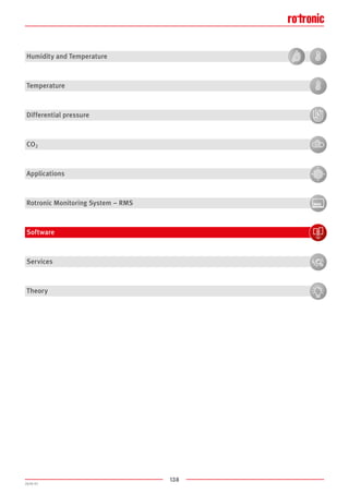 138
2020-V1
Humidity and Temperature
Temperature
Differential pressure
CO2
Applications
Rotronic Monitoring System – RMS
Software
Services
Theory
 