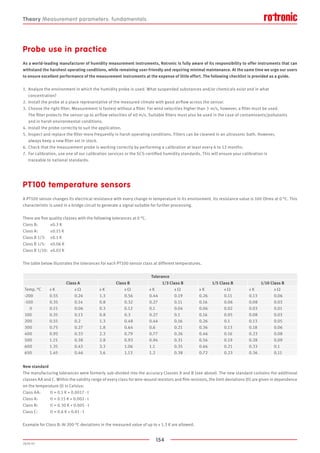 154
2020-V1
Probe use in practice
As a world-leading manufacturer of humidity measurement instruments, Rotronic is fully aware of its responsibility to offer instruments that can
withstand the harshest operating conditions, while remaining user-friendly and requiring minimal maintenance. At the same time we urge our users
to ensure excellent performance of the measurement instruments at the expense of little effort. The following checklist is provided as a guide.
1.	 Analyze the environment in which the humidity probe is used. What suspended substances and/or chemicals exist and in what 			
	concentration?
2.	 Install the probe at a place representative of the measured climate with good airflow across the sensor.
3.	 Choose the right filter. Measurement is fastest without a filter. For wind velocities higher than 3  m/s, however, a filter must be used.
	 The filter protects the sensor up to airflow velocities of 40 m/s. Suitable filters must also be used in the case of contaminants/pollutants
	 and in harsh environmental conditions.
4.	Install the probe correctly to suit the application.
5.	 Inspect and replace the filter more frequently in harsh operating conditions. Filters can be cleaned in an ultrasonic bath. However,
	 always keep a new filter set in stock.
6.	Check that the measurement probe is working correctly by performing a calibration at least every 6 to 12 months.
7.	 For calibration, use one of our calibration services or the SCS-certified humidity standards. This will ensure your calibration is
	 traceable to national standards.
PT100 temperature sensors
A PT100 sensor changes its electrical resistance with every change in temperature in its environment. Its resistance value is 100 Ohms at 0 °C. This
characteristic is used in a bridge circuit to generate a signal suitable for further processing.
There are five quality classes with the following tolerances at 0 °C.
Class B: 	 ±0.3 K
Class A: 	 ±0.15 K
Class B 1/3:	 ±0.1 K
Class B 1/5:	 ±0.06 K
Class B 1/10:	 ±0.03 K
The table below illustrates the tolerances for each PT100 sensor class at different temperatures.
Tolerance
Class A Class B 1/3 Class B 1/5 Class B 1/10 Class B
Temp. °C ± K ± Ω ± K ± Ω ± K ± Ω ± K ± Ω ± K ± Ω
-200 0.55 0.24 1.3 0.56 0.44 0.19 0.26 0.11 0.13 0.06
-100 0.35 0.14 0.8 0.32 0.27 0.11 0.16 0.06 0.08 0.03
0 0.15 0.06 0.3 0.12 0.1 0.04 0.06 0.02 0.03 0.01
100 0.35 0.13 0.8 0.3 0.27 0.1 0.16 0.05 0.08 0.03
200 0.55 0.2 1.3 0.48 0.44 0.16 0.26 0.1 0.13 0.05
300 0.75 0.27 1.8 0.64 0.6 0.21 0.36 0.13 0.18 0.06
400 0.95 0.33 2.3 0.79 0.77 0.26 0.46 0.16 0.23 0.08
500 1.15 0.38 2.8 0.93 0.94 0.31 0.56 0.19 0.28 0.09
600 1.35 0.43 3.3 1.06 1.1 0.35 0.66 0.21 0.33 0.1
650 1.45 0.46 3.6 1.13 1.2 0.38 0.72 0.23 0.36 0.11
New standard
The manufacturing tolerances were formerly sub-divided into the accuracy Classes A and B (see above). The new standard contains the additional
classes AA and C. Within the validity range of every class for wire-wound resistors and film resistors, the limit deviations (tl) are given in dependence
on the temperature (t) in Celsius:
Class AA:	 tl = 0.1 K + 0.0017 · t
Class A:	 tl = 0.15 K + 0.002 · t
Class B:	 tl = 0.30 K + 0.005 · t
Class C:	 tl = 0.6 K + 0.01 · t
Example for Class B: At 200 °C deviations in the measured value of up to ± 1.3 K are allowed.
Theory Measurement parameters: fundamentals
 