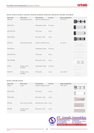 16
2020-V1
HC2A-S / HC2A-S3 / HC2A-S-I / HC2A-S3-I / HC2A-SH / HC2A-S3H / HC2A-S-HH / HC2A-S3-HH / HC2A-SM / HC2A-SM-HH
HC2A-IC / HC2A-IM / HC2A-IE
Order code Filter carrier Filter element Pore size Range of application
SPA-PCB Polycarbonate, black No filter, only filter carrier -50…100 °C
SPA-PCB-PE Polyethylene, white 40-50 µm
SPA-PCB-PTFE PTFE, white 10 µm
SPA-PCB-WM Wire mesh 1.4401 10 µm
SPA-PCW Polycarbonate, white No filter, only filter carrier -50…100 °C
SPA-PCW-PE Polyethylene, white 40-50 µm
SPA-PCW-PTFE PTFE, white 10 µm
SPA-PCW-WM Wire mesh 1.4401 10 µm
SPA-PE No filter carrier,
only filter
Polyethylene, white 40-50 µm
SPA-PTFE No filter carrier,
only filter
PTFE, white 10 µm -100…200 °C
Order code Filter carrier Filter element Pore size Range of application
SPA-SS 1.4301 No filter, only filter carrier -100…200 °C
SPA-SS-PTFE PTFE, white 10 µm
SPA-SS-WM Wire mesh 1.4401 10 µm
SPA-SSS Filter carrier incl. filter Sintered steel 1.4404 25 µm
SPA-WM No filter carrier,
only filter
Wire mesh 1.4401 10 µm
Humidity and Temperature Probes  Filters
 