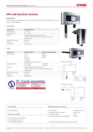 31
2020-V1
HF4 wall and duct versions
APPLICATIONS
HVAC applications, greenhouses, museums, storage rooms, libraries, swimming pools, climate
control in office buildings
2 or 2x2-wire
3-wire
Wall version, type W
Duct version, type D
Compatible
•	 HW4 software
Delivery package
•	 Factory adjustment certificate
•	 Short instruction manual
•	 Mounting flange (type D)
Recommended accessories
•	 Service cable					 AC3006 / AC3009*
•	 Replacement filter, PE, black			 NSP-PCB-PE
•	 Calibration device					ER-15
•	 Mounting kit DIN top-hat rail (type W)		 AC5002
*	 Requires optional HW4 software and service cable
Order code HF420 Type W/D
Output signal 4…20 mA
Supply voltage 10...28 VDC
Display Optional (without backlight, keypad)
Type D only horizontal version possible with display
(see pictures)
Temperature range Scalable*
Probes Fixed
Filter type Polyethylene
Order code HF43x Type W/D HF456 Type W/D (digital)
Output signal 0…1 V
0…5 V	
0…10 V	
0…20 mA
4...20 mA
Customer selection possible*
RS-485
Ethernet
WLAN
Supply voltage 18…40 VDC
13…28 VAC
9...35 VDC
7…28 VAC
Display Optional (with backlight, keypad)
Type D only horizontal version possible with display
(see pictures)
Temperature range Scalable*
Probes Fixed
Filter type Polyethylene
Humidity and Temperature Transmitters
 