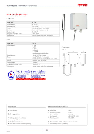 39
2020-V1
HF7 cable version
2 or 2x2-wire
3-wire
Cable version
Type C
Order code HF720
Output signal 4…20 mA
Supply voltage 10...28 VDC
Probes Fixed, PEEK with 2 meter cable
Display Optional (without backlight)
Output ranges Scalable*
Temperature limit at probe -100…200 °C 1
Filter carrier Slotted sleeve (order filter separately)
Order code HF73x
Output signal 0…1 V
0…5 V
0…10 V
0…20 mA
4...20 mA
Customer selection possible*
Supply voltage 18…40 VDC / 13…28 VAC
Probes Fixed, PEEK with 2 meter cable
Fixed, stainless steel with 2 or 5 meter cable
Display Optional (with backlight)
Output ranges Scalable*
Temperature limit at probe -100…200 °C 1
Filter carrier Slotted sleeve (order filter separately)
Compatible
•	 HW4 software
Delivery package
•	 Factory adjustment certificate
•	 Product qualification
•	 Short instruction manual
•	 Note: filter must be ordered separately
Recommended accessories
•	 Teflon filter			 SP-T15
•	 Sintered steel filter			 SP-S15
•	 Wire mesh filter			 SP-M15
•	 Service cable			 AC3006 / AC 3009*
•	 Mounting gland			 AC1303-M
*	 Requires optional HW4 software and service cable
1	 Short-term peak load (3 x 5 min)
Humidity and Temperature Transmitters
 