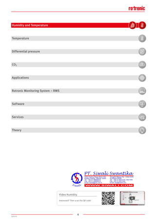 4
2020-V1
Video Humidity
Interested? Then scan the QR code!
Humidity and Temperature
Temperature
Differential pressure
CO2
Applications
Rotronic Monitoring System – RMS
Software
Services
Theory
 