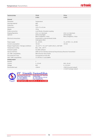 74
2020-V1
Technical data TF520
2-wire
TF53x
3-wire
General
Parameter Temperature
Housing material ABS
Protection IP65
Dimensions 129 x 72 x 45 mm
Weight 220 g
Probe connection 4-pin Binder, threaded coupling
Display/Operation
optional
LCD, 1 or 2 decimals
without backlight
Menu navigation, 4 keys
LCD, 1 or 2 decimals
with backlight
Menu navigation, 4 keys
Electrical connections Connections: screw terminals inside
Cable gland: M16
Power supply 10...28 VDC 15…40 VDC / 12…28 VAC
Current consumption 20 mA 20 mA
Range of application / Storage conditions -40…60 °C / -10…60 °C (with LCD), 0…100 %RH
Temperature scaling Max. -100...200 °C
Firmware update Via HW4 software
Service interface UART service interface (Universal Asynchronous Receiver Transmitter)
CE / EMC compatibility EMC Directive 2014/30/EU
Fire protection class Corresponds to UL94-HB
FDA / GMP compatibility 21 CFR Part 11 and GAMP5
Analog output
Number 1
Current 4…20 mA 0(4)…20 mA
Voltage N/A 0…1/5/10 V
Permissible load ≤500 Ω ≤500 Ω (current output)
≥1 kΩ/V (voltage output)
Temperature Transmitters
 