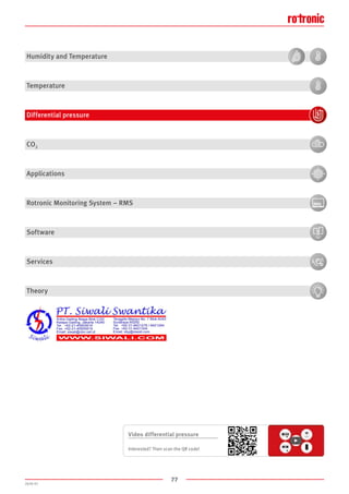 77
2020-V1
Video differential pressure
Interested? Then scan the QR code!
Humidity and Temperature
Temperature
Differential pressure
CO2
Applications
Rotronic Monitoring System – RMS
Software
Services
Theory
 