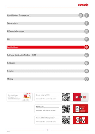 91
2020-V1
Video water activity
Interested? Then scan the QR code!
Download the aw
white paper from
www.rotronic.com/aw
Humidity and Temperature
Temperature
Differential pressure
CO2
Applications
Rotronic Monitoring System – RMS
Software
Services
Theory
Video CRP5
Interested? Then scan the QR code!
Video differential pressure
Interested? Then scan the QR code!
 