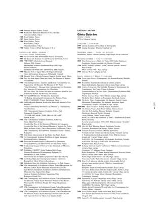 185
•
1990 Shimada Shigeru Gallery, Tokyo
1989 Kitakyushu Municipal Museum of Art, Fukuoka
Akiyama Gallery, Tokyo
1988 Esses Gallery, Tokyo
1987 Spiral Garden, Tokyo
1986 Esses Gallery, Tokyo
Root Gallery, Tokyo
Akiyama Gallery, Tokyo
1980 Gallery Frame of Mind, Burlington, U.S.A
Nozîmîgåkås grupu izstådes /
Selected Group Exhibitions
2004 Art Document 2004 KINTAIKYO Project, Yamaguchi
2003 6th Kurayoshi Sculpture Award Memorial Exhibition, Tottori
2000 “TRANSIT”, Charlottenborg, Denmark
Helsinki 2000, Finland
International Sculpture Quadrennial Riga 2000, Riga,
Latvia (1st Prize)
ECHIGO-TSUMARI ART TRIENNIAL 2000, Niigata
1999 Masaaki Nishi + Aigars Bikße, Hollfugard, Denmark
Open-Air Sculpture Symposium, Hollufgard, Denmark
1998 Masaaki Nishi + Hiroshi Furugori, Sagacho Exhibit Space, Tokyo
1996 New Art from Japan, China and Korea, The Museum of Modern
Art, Saitama
1995 “Circulating Currents”, Japanese and Korean Contemporary Art,
Nagoya City Art Museum; The Museum of Art, Aichi
“After Hiroshima” - Message from Contemporary Art, Hiroshima
City Museum of Contemporary Art, Hiroshima
50 Years After: The Artists who have no experience about the war,
Tokushima Modern Art Museum, Tokushima
1994 ART CAMP Hakushu `94, Hakushu, Yamanashi
`94 Beijing International Contemporaru Art, Beijing, China
FARET TACHKAWA Project, Tachikawa, Tokyo
1993 2nd Kitakyushu Biennale, Kitakyushu Municipal Museum of Art,
Fukuoka
Artists in Hiroshima, Hiroshima City Museum of Contemporary
Art, Hiroshima
15th Contemporary Japanese Sculpture, Tokiwa Park,
Yamaguchi (Grand Prix)
`93 COM-ART SHOW “NOW, DREAM OF EAST”,
Suwon, Korea
1992 13th Contemporary Sculpture Exhibition, Kobe City,
Suma Rikyu Park, Hyogo
Awarded the Prize of the Museum of Modern Art, Kanagawa
Awarded the Prize of the National Museum of Modern Art, Tokyo
Metal Sculpture Today, Tokyo Metropolitan Art Museum, Tokyo
28th Contemporary Art Exhibition, Yokohama Citizen`s Gallery,
Kanagawa
1991 21st Bienal Internacional de Sao Paulo, Sao Paulo, Brazil
1990 3rd Contemporary Sculpture Exhibition in Japan, Kanagawa
Prefectural Gallery, Kanagawa
1989 Fukuyama Sculpture Project, Fukuyama City, Hiroshima
Group Exhibition, Cite International des Arts, Paris, France
1988 Fundamental Images of Postwar Iwaki, Municipal Art Museum,
Fukushima
1987 Exhibition “OBJECT”, Seibu Tsukasin Hall, Hyogo
Triennial Exhibition of Contemporary Sculpture `87,
Shibukawa City Park, Gunma
International Iron Sculpture Symposium Yahata`87, Fukuoka
1986 2nd Tokyo Open-Air Contemporary Sculpture Exhibition,
Kinuta Park, Tokyo (Prize for Excellence)
1985 Shibukawa Open-Air Exhibition, Shibukawa City Park, Gunma
1984 15th International Art Exhibition of Japan, Tokyo Metropolitan Art
Museum, Tokyo; Kyoto Municipal Museum of Art, Kyoto
Lake Biwa Contemporary Sculpture Exhibition and Symposium,
Moriyama City, Nagisa Park, Shiga
Open-air Sculpture Exhibition, Sagamihara Park,
Kanagawa (Grand Prix)
1983 16th Contemporary Art Exhibition of Japan, Tokyo Metropolitan
Art Museum, Tokyo; Kyoto Municipal Museum of Art, Kyoto
Wood and Art Exhibition, Ryujin Art Village, Ryujinmura,
Wakayama
1977 13th Contemporary Art Exhibition of Japan, Tokyo Metropolitan
Art Museum, Tokyo; Kyoto Municipal Museum of Art, Kyoto
1976 12th Contemporary Art Exhibition of Japan, Tokyo Metropolitan
Art Museum, Tokyo; Kyoto Municipal Museum of Art, Kyoto
11th Japan Art Festival, Tokyo; Los Angeles; Seatle
LATVIJA / LATVIA
Gints Gabråns
Dzimis /Born
1970 in Valmiera, Latvija
Izglîtîba / Education
1995 Latvian Academy of Art, Dept. of Scenography
1989 Liepåja Secondary School of Applied Art
Darbîbas jomas / Fields of activity
installations, objects, videoart, painting, stage design, net.art, action art
Personålizstådes / Solo Exhibitions
2000 Riga Dating Agency, Baltic Art Center C/O Galleri Enkehuset,
Stockholm, Sweden; together with Monika I.Pormale
1994 Smé˚é! Nesmé˚é! Izstådes “Valsts” ietvaros, galerija “Bastejs”,
Rîga, Latvija
MG6, Galerija “M6”, Rîga, Latvija
1993 Galerija “Roma”, Liepåja, Latvija
Grupu izstådes / Group Exhibitions
2004 Faster than History, Contemporary Art Museum Kiasma, Helsinki,
Finland
2003 Re:publika, Starptautisks måkslas un kultüras projekts
Rîgas priekßpilsétås, I¬©uciema kultüras nams, Rîga, Latvija
2002 Centre of Attraction, The 8th Baltic Triennial of International Art,
Contemporary Art Center, Vilnius, Lithuania
Fundamentalisms of the New Order, Charlottenburg Exhibition Hall,
Copenhagen, Denmark
Pilséta. Ståsti par Rîgu, Valsts Måkslas muzejs, Rîga, Latvija
The Baltic Times, Galerie im Taxispalais, Innsbruck, Austria
2001 The Baltic Times, Contemporary Art Museum, Zagreb, Croatia
Metronome, Contemporary Art Museum, Barcelona, Spain
Contemporary Utopia, City space of Riga, Latvija
2000/2001 Baltic Security!, Arlanda Airport, Stockholm
2000 The Human Project, Ilean Tount Gallery, Athens, Greece
After the Wall, Ludwig Museum Budapest, Hungary;
Hamburger Bahnhoff, Berlin, Germany
-lietas, Galerija “Noass”, Rîga, Latvija
Bleibe, as a part of the Exhibition “Z 2000”.- Akademie der Kunste,
Berlin, Germany
Sociålais un personiskais. 1984–2000, Måkslas muzejs “Arsenåls”,
Rîga, Latvija
1999 After the Wall, Moderna Museet, Stockholm, Sweden
Grammar, Rotermann Salt Storage, Tallinn, Estonia
1998 Ventspils Tranzîts Terminåls, Måkslas a©itvilciens,
Ventspils novada véstures un måkslas muzejs, Ventspils, Latvija
2. Vispåréjå latvießu måkslas izståde, Valsts Måkslas muzejs;
IzståΩu zåle “Latvija”, Rîga, Latvija
ArtGENDA ’98, Contemporary Art Biennale, Stockholm, Sweden
ArtGENDA ’98 Rîgå c/o ArtGENDA ’98 Stokholmå,
Kongresu nams, Rîga, Latvija
1997 Xchange, interneta projekts konferences “Måksla un komunikåcijas”
ietvaros, Rîga, Latvija
Ostranenie ‘97, Bauhaus, Desau, Germany
Baltic Ikonopresss ’97, Zamek KsieΩat Pomorskich, Sczeczin, Poland
Opera, Latvijas Dailes teåtris, Rîga, Latvija
Balets, Rîgas Fondu birΩas Lielå zåle, Rîga, Latvija
Panoråma, Klubs “Pulkvedim neviens neraksta”, Rîga, Latvija
1996 Riga Fresh, interneta måkslas projekts tîkla projekta Refresh
ietvaros, jauno mediju festivåls “Måksla + komunikåcijas”,
Riga, Latvija
Biosports, skañas un vides måkslas projekts, Rîga, Latvija
Geo–Ìeo, Briñ˚u muiΩa, Pedvåles måkslas parks, Sabile, Latvija
17. Latvijas akvare¬u izståde, IzståΩu zåle “Latvija”, Rîga, Latvija
Art GENDA ‘96, Young Artists’ Biennial, Oksnehallen,
Copenhagen, Denmark
1995 Piemineklis, Latvijas Fotogråfijas muzejs, Rîga, Latvija
Pedvålisms ’95, Pedvåles måkslas parks, Sabile, Latvija
Måja, jauno måkslinieku projektu videoversijas biennålei
ArtGENDA ’96, Galerija “M6”, Rîga, Latvija
Misfits, the 6th Triennial of Young Baltic Art, Contemporary Art
Centre, Vilnius, Lithuania
1994 Dzîves kultüra, Rîgas Fondu birΩas nams, Rîga, Latvija
New Visions 94, International Festival of Film, Video and Media,
Glasgow, UK
1993 Sajüta Nr. 30, Måkslas muzejs “Arsenåls”, Rîga, Latvija
 